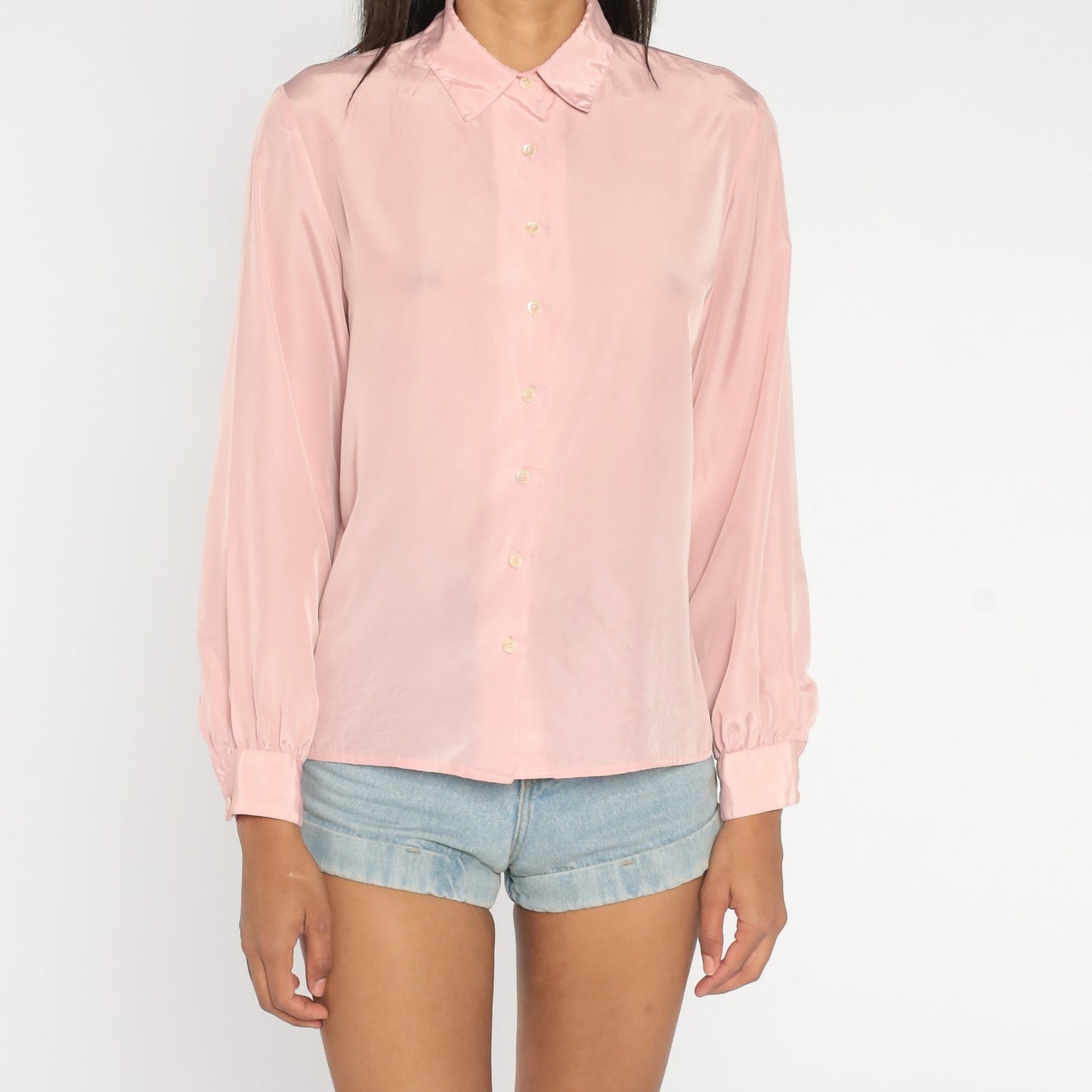 80s Leslie Fay Baby Pink Button-Up Blouse Long Sleeve Collared Medium