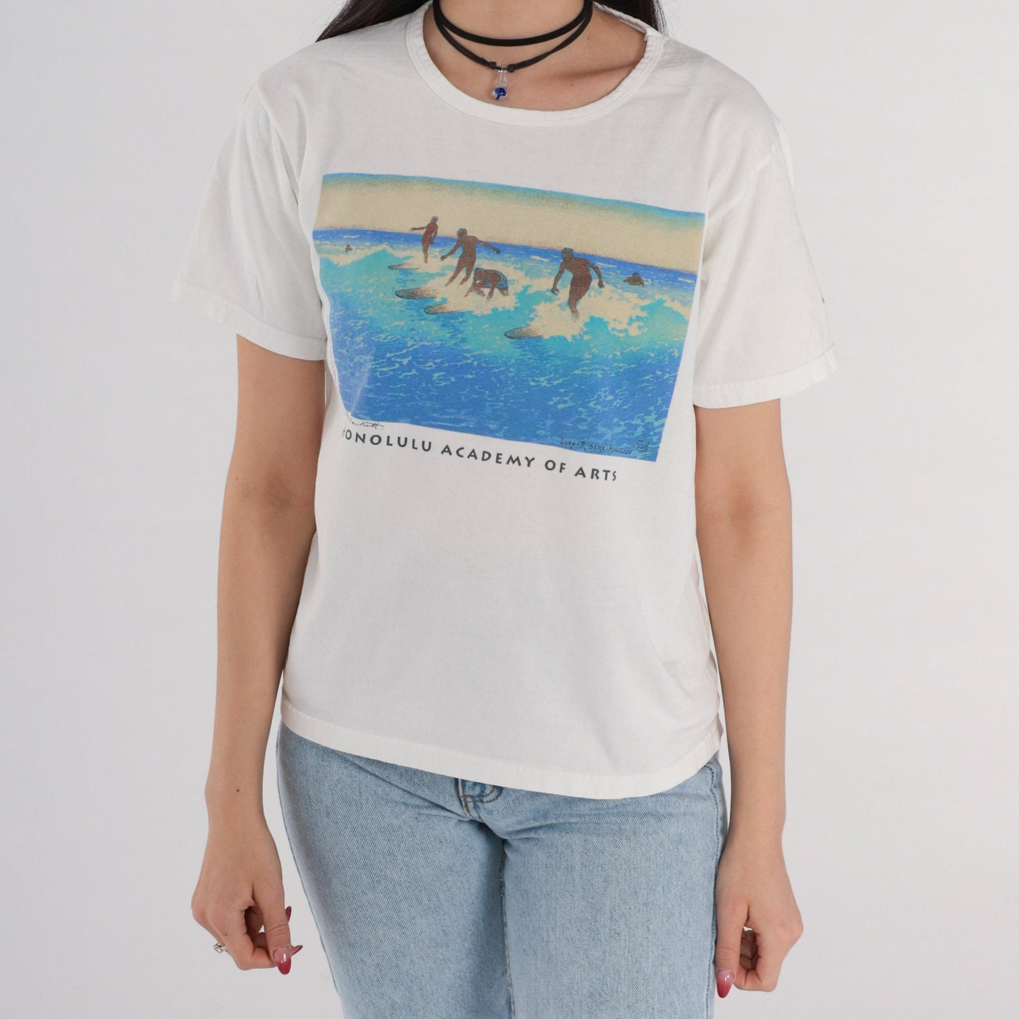 90s Surf Riders Honolulu Graphic T-Shirt Charles William Bartlett White Small