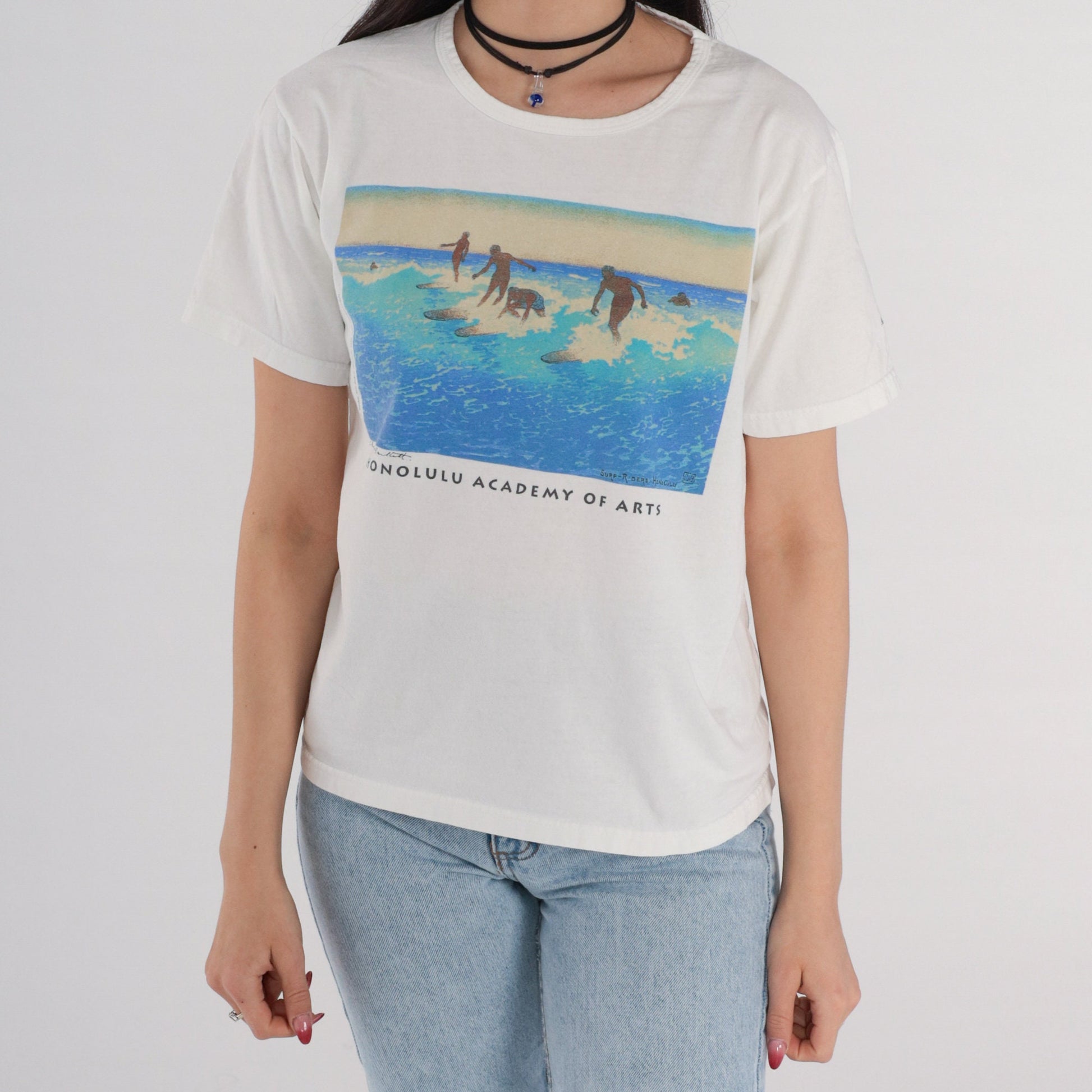 90s Surf Riders Honolulu Graphic T-Shirt Charles William Bartlett White Small