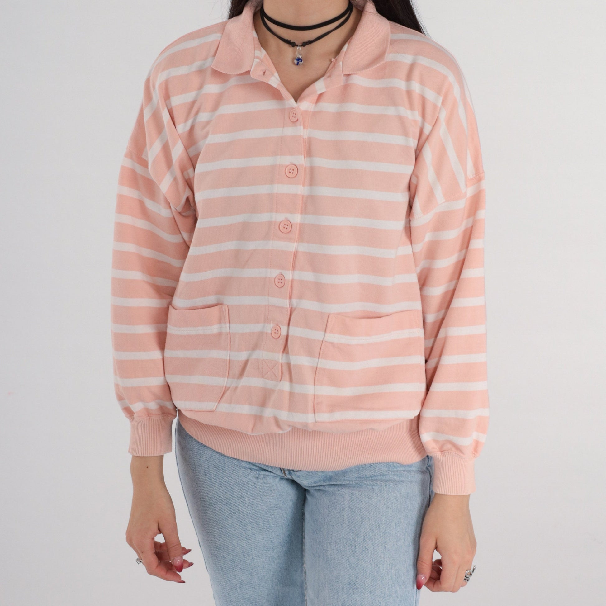 90s Peach Striped Polo Sweatshirt Collared Cotton Blend White Large