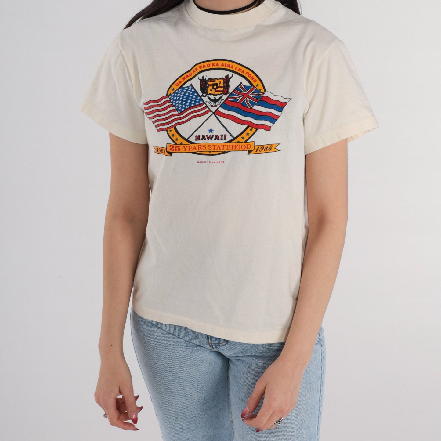 1984 Hawaii 25 Years Statehood Graphic T-Shirt Cream Cotton Small