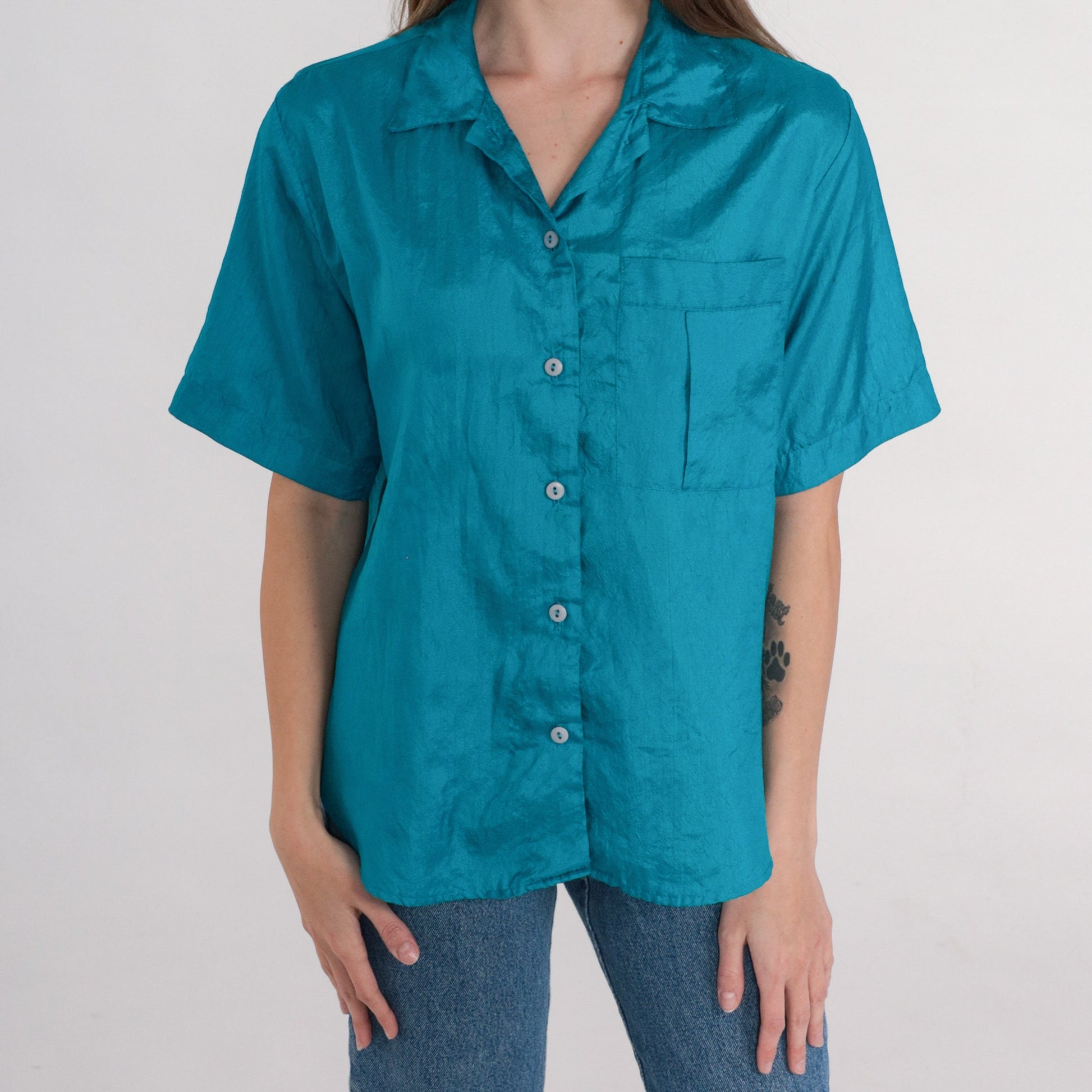 80s Blue Button-Up Shirt Short Sleeve Collared Blouse Chest Pocket Medium