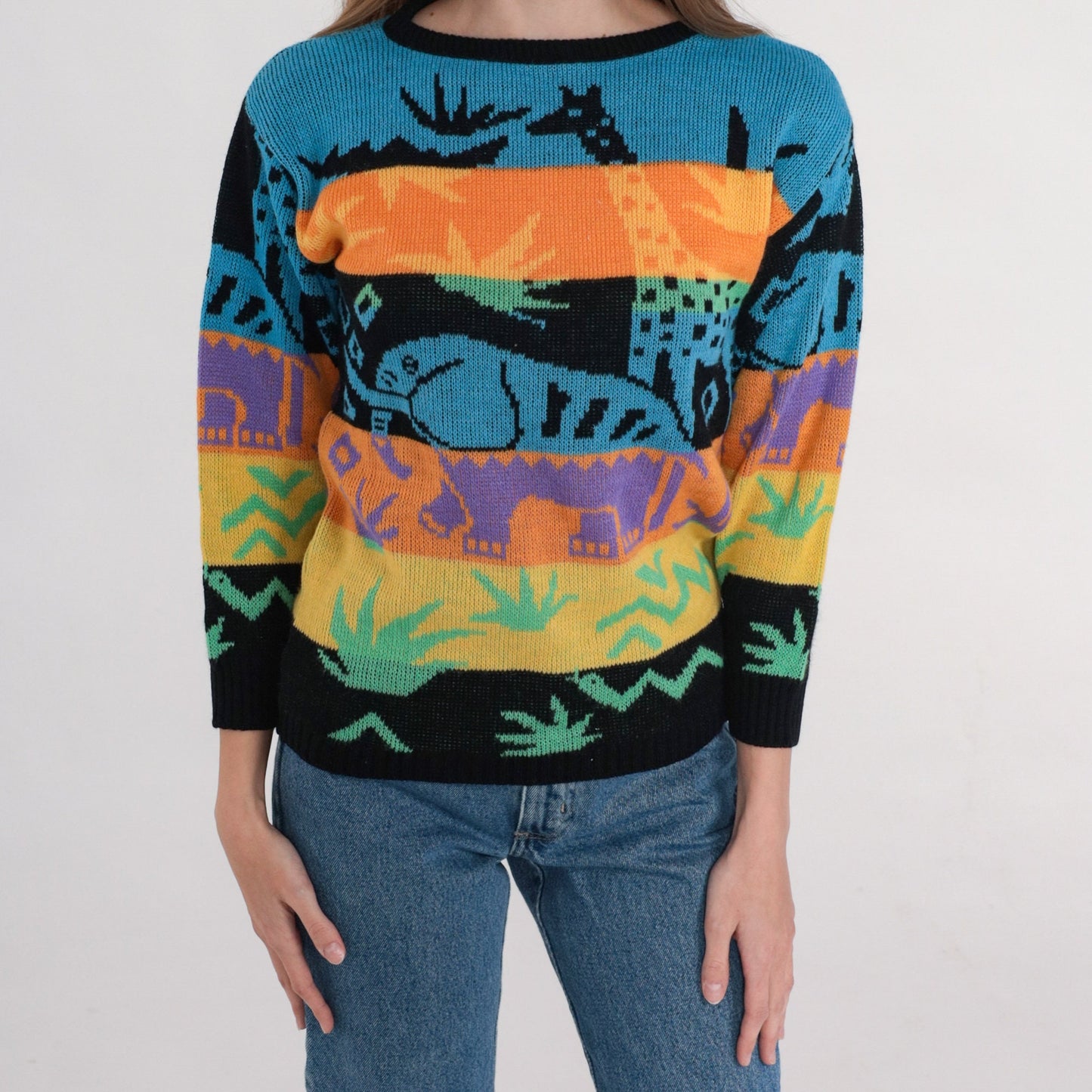 90s Safari Animal Striped Knit Sweater Elephant Giraffe Snake Multicolor XS