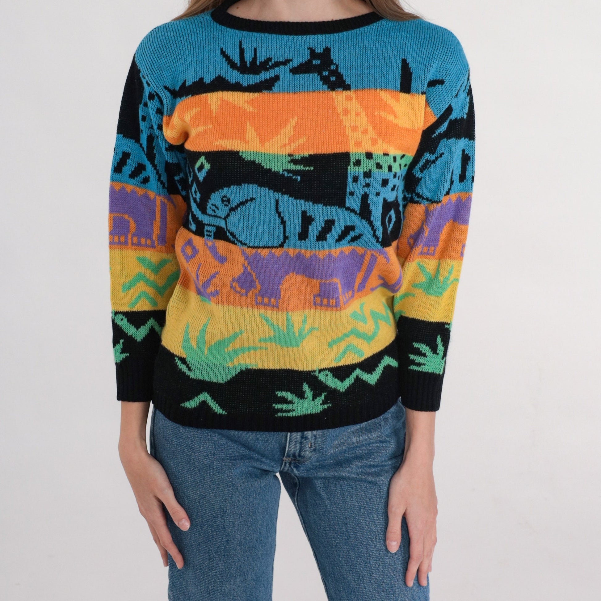 90s Safari Animal Striped Knit Sweater Elephant Giraffe Snake Multicolor XS