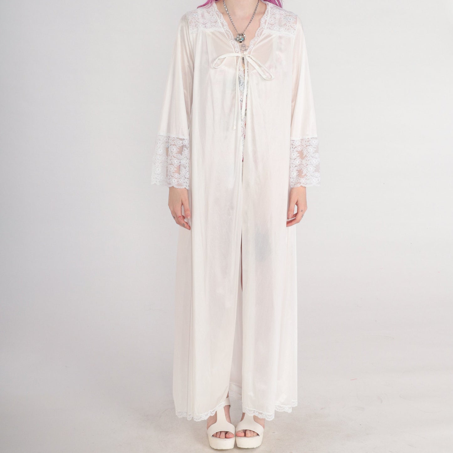 70s Gilead White Nylon Maxi Lingerie Robe Lace Trim Tie Front Small
