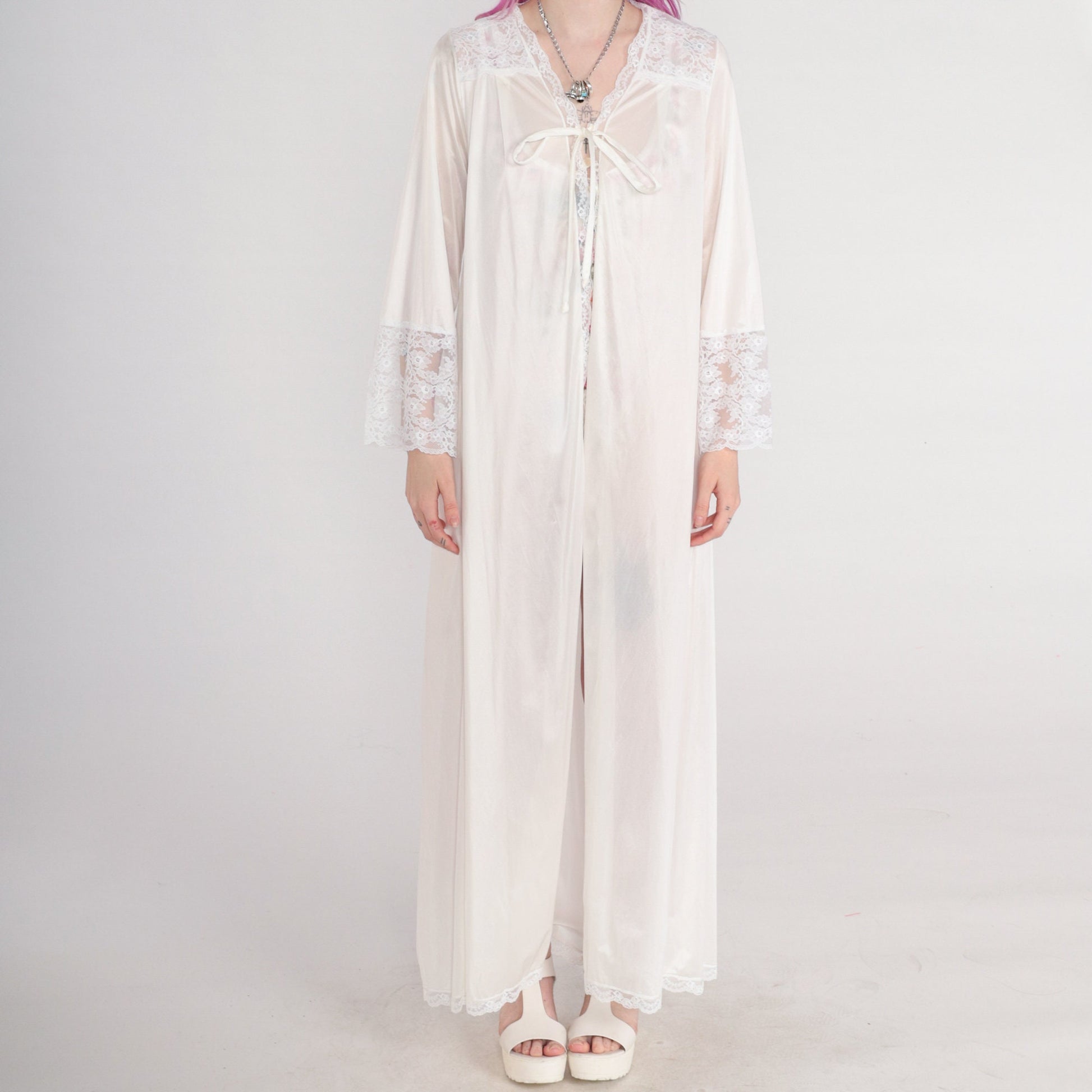 70s Gilead White Nylon Maxi Lingerie Robe Lace Trim Tie Front Small