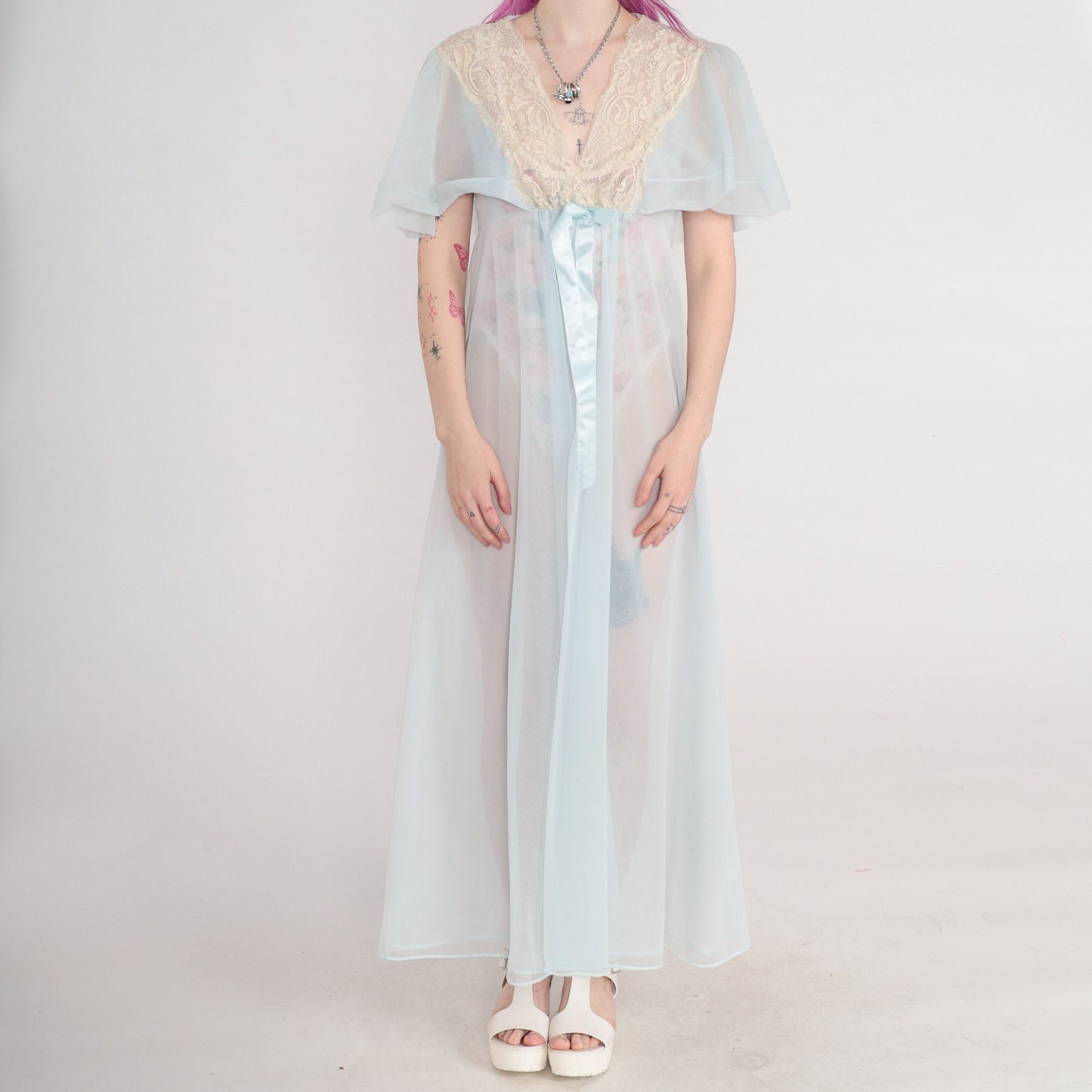 70s Sheer Baby Blue Nylon Lingerie Robe Maxi Lace Trim Empire Waist Small