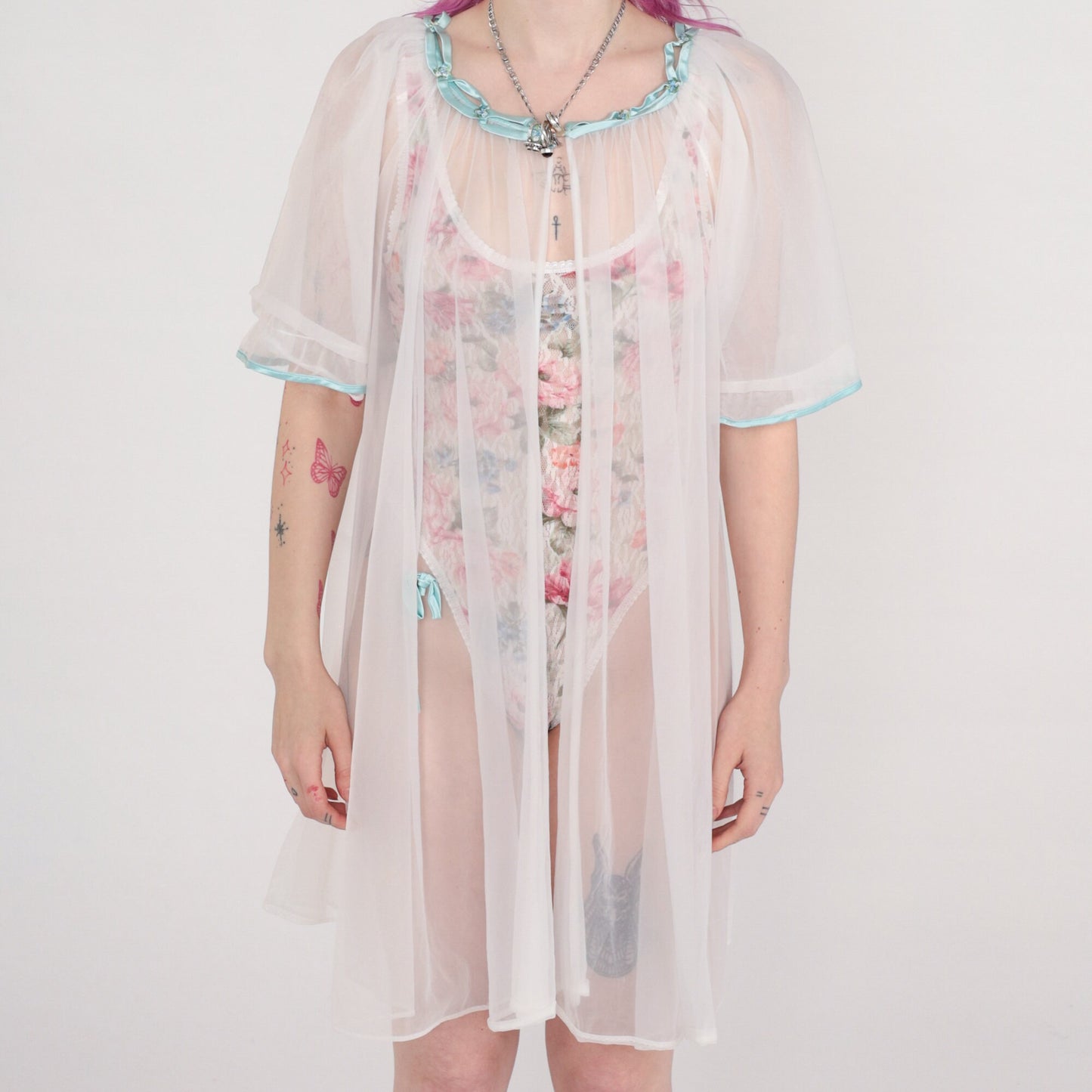 80s White Sheer Nylon Lingerie Robe Puff Sleeve Open Front Medium Large