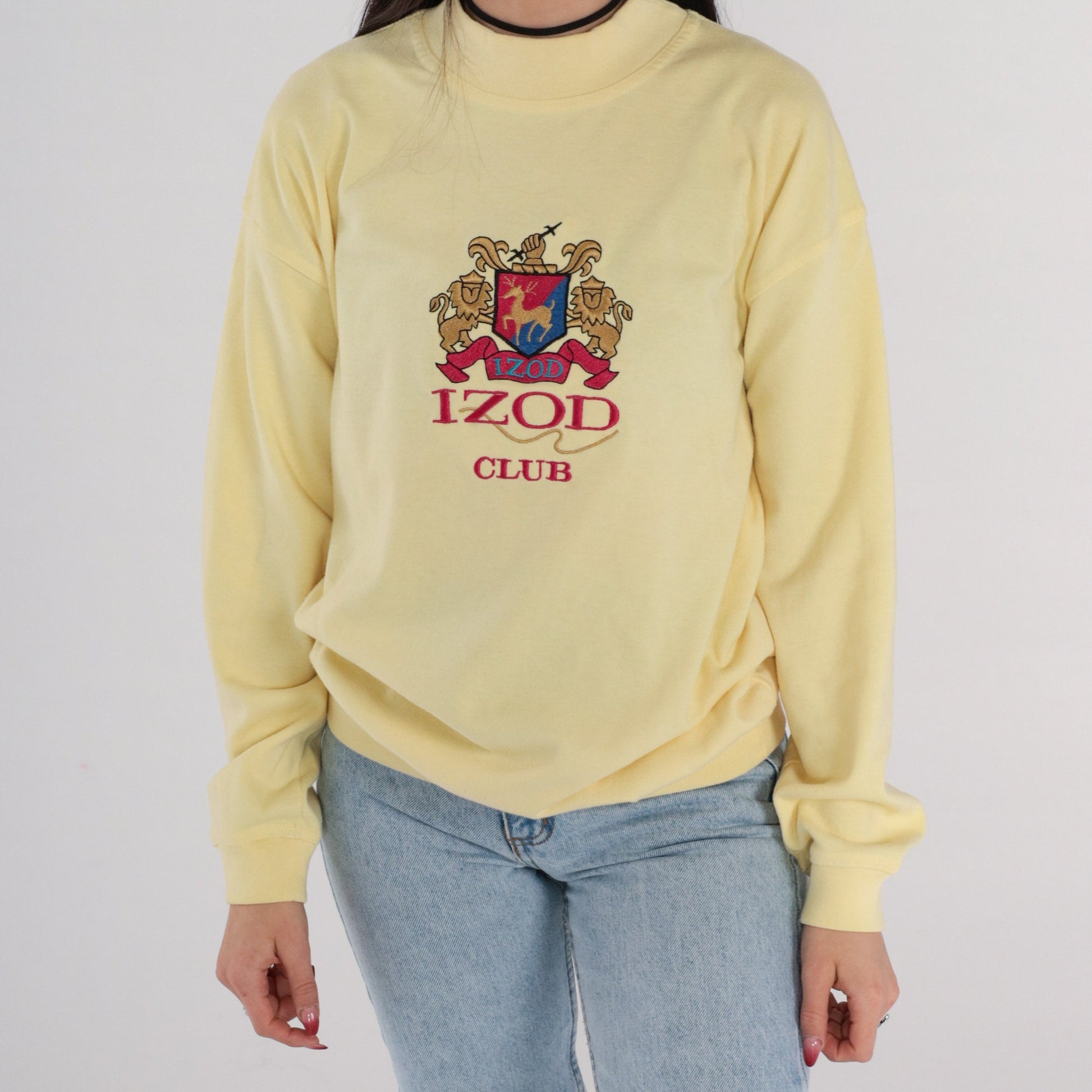 90s Izod Club Coat of Arms Embroidered Long Sleeve Shirt Light Yellow Extra Large