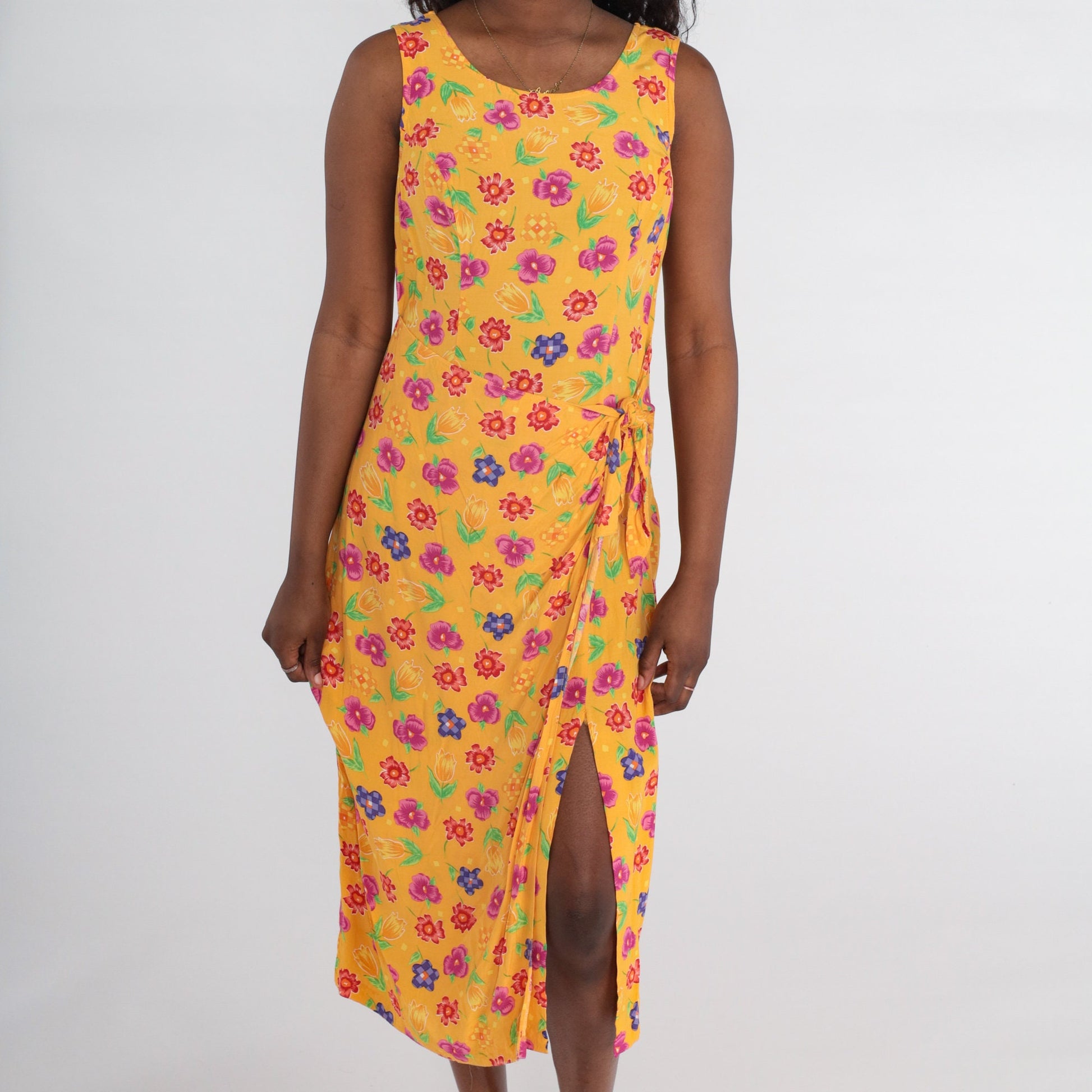 90s Molly Malloy Floral Midi Dress Yellow Print Sleeveless Wrap Slit Medium