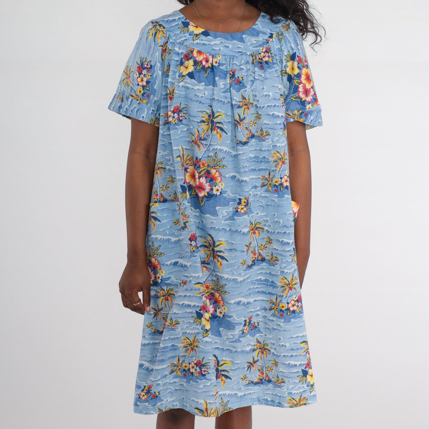 70s Hawaiian Tropical Floral Midi Dress Palm Tree Tent Cut Blue Large
