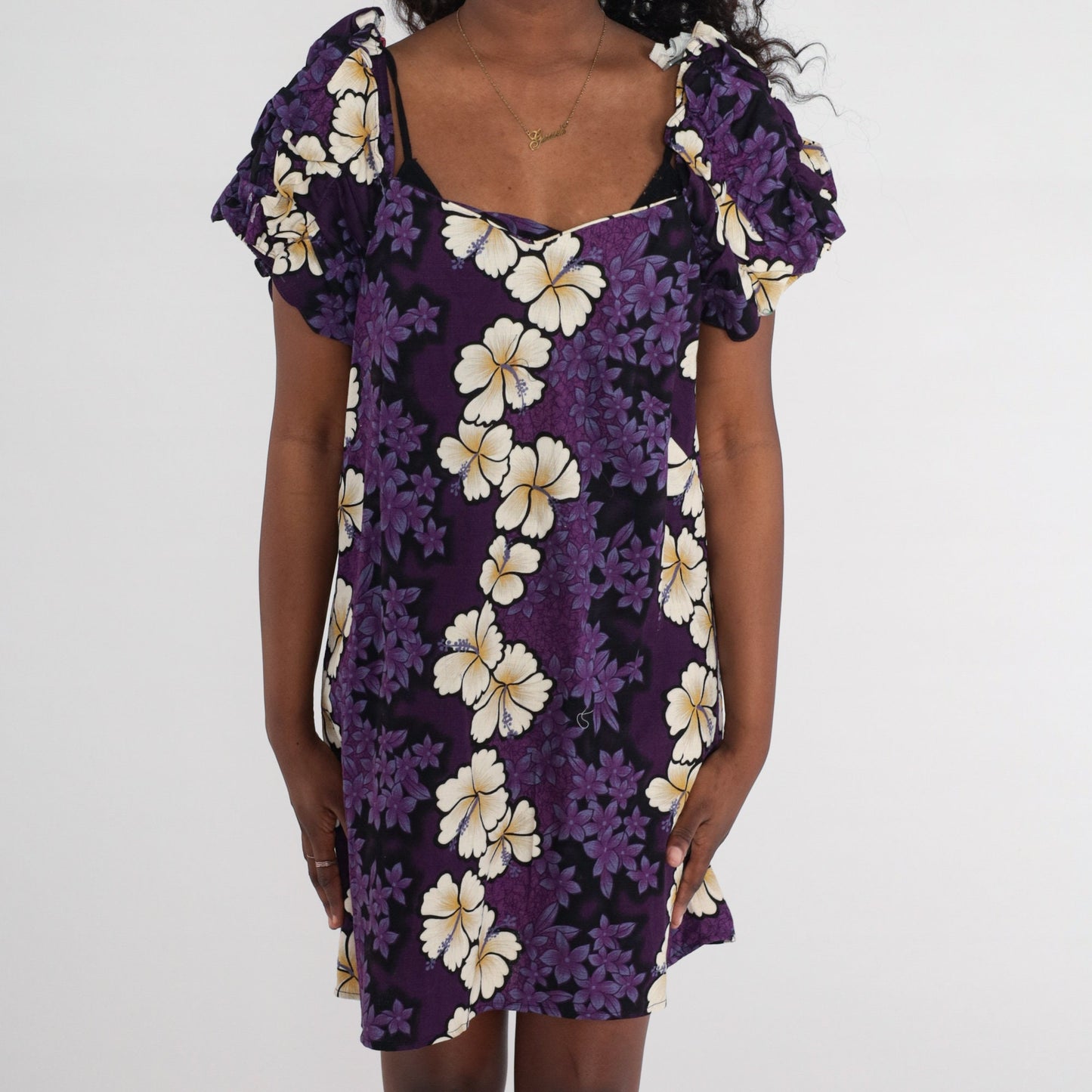 Y2K Purple Tropical Floral Mini Dress Ruched Sleeve Sheath Large L