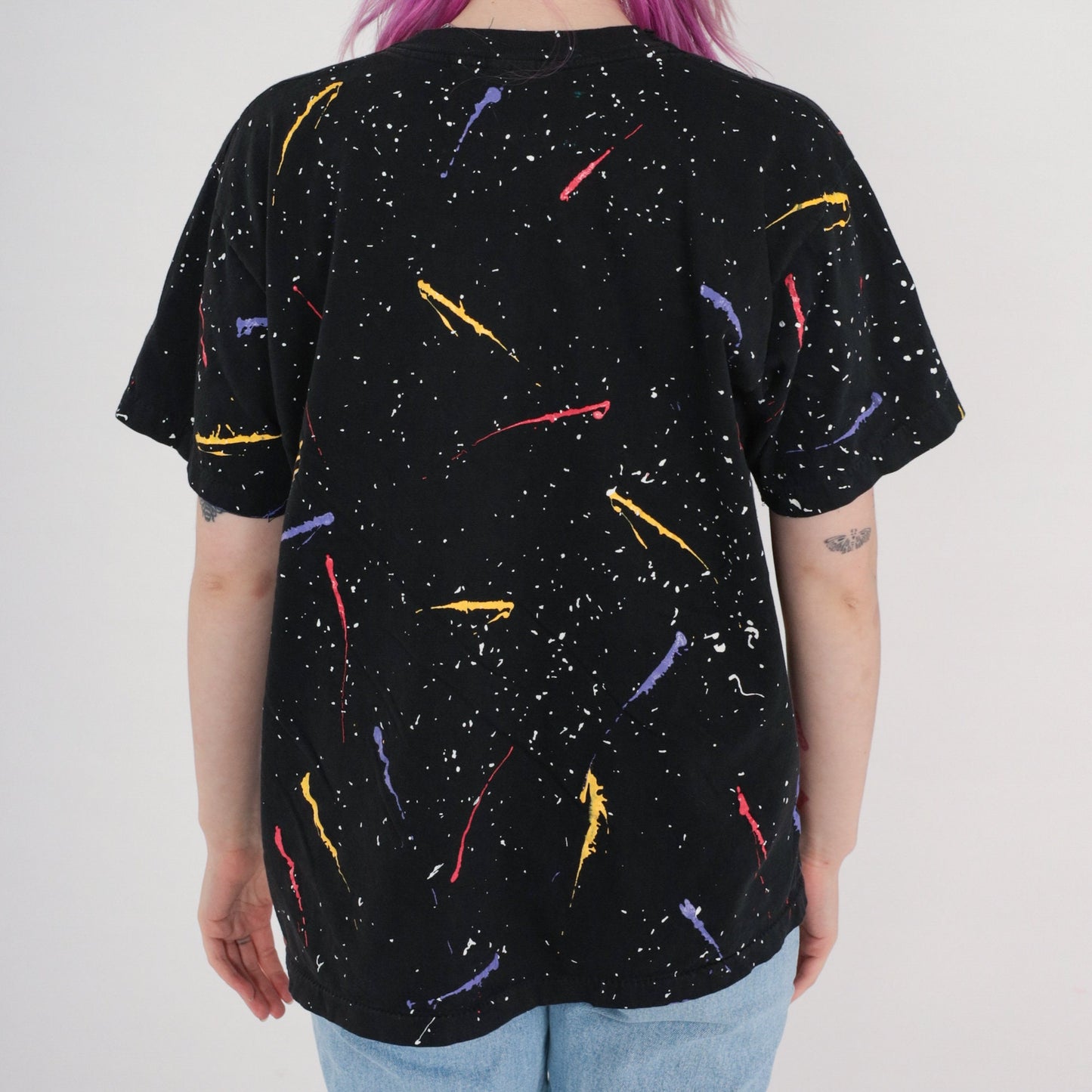 90s Floral Sponge Painted T-Shirt Black Purple Brushstroke Cotton Tee Large