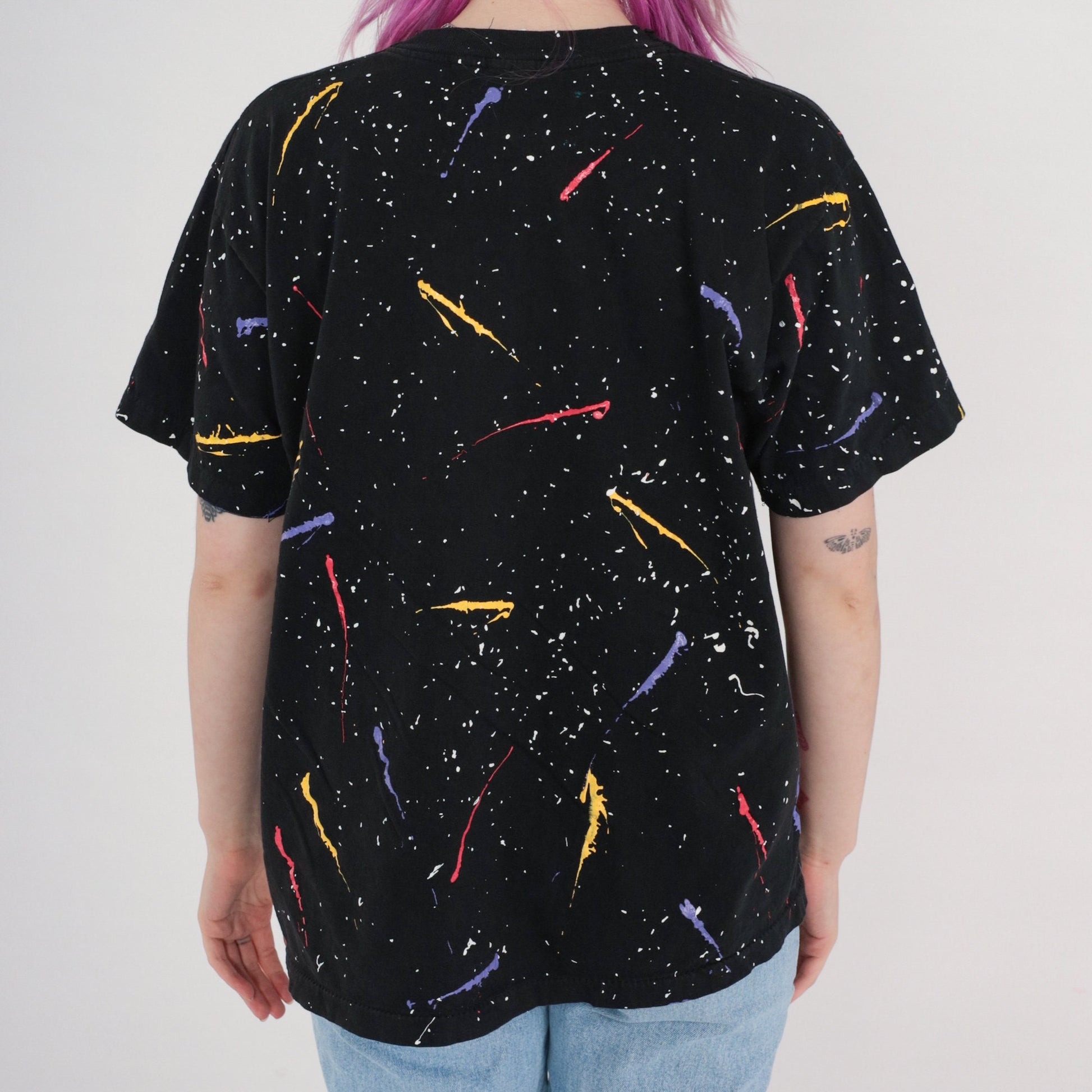 90s Floral Sponge Painted T-Shirt Black Purple Brushstroke Cotton Tee Large