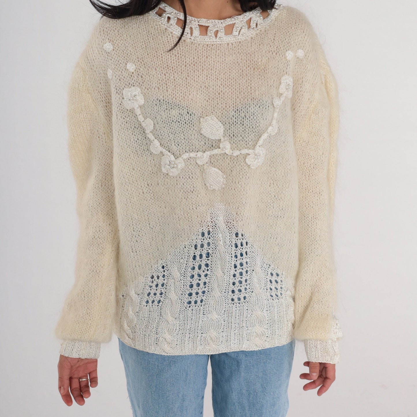 80s Cream Mohair Floral Sweater Pearl Beaded Cable Knit Cutout Pullover Large L