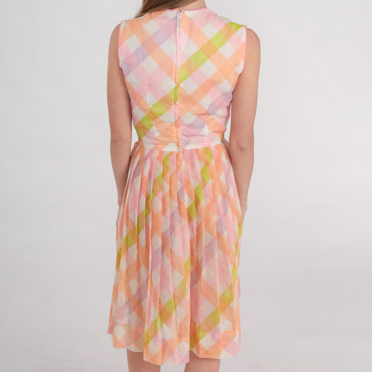 1960s Checkered A-Line Sundress High Waist Sleeveless Pink Orange Green Mini Extra Small