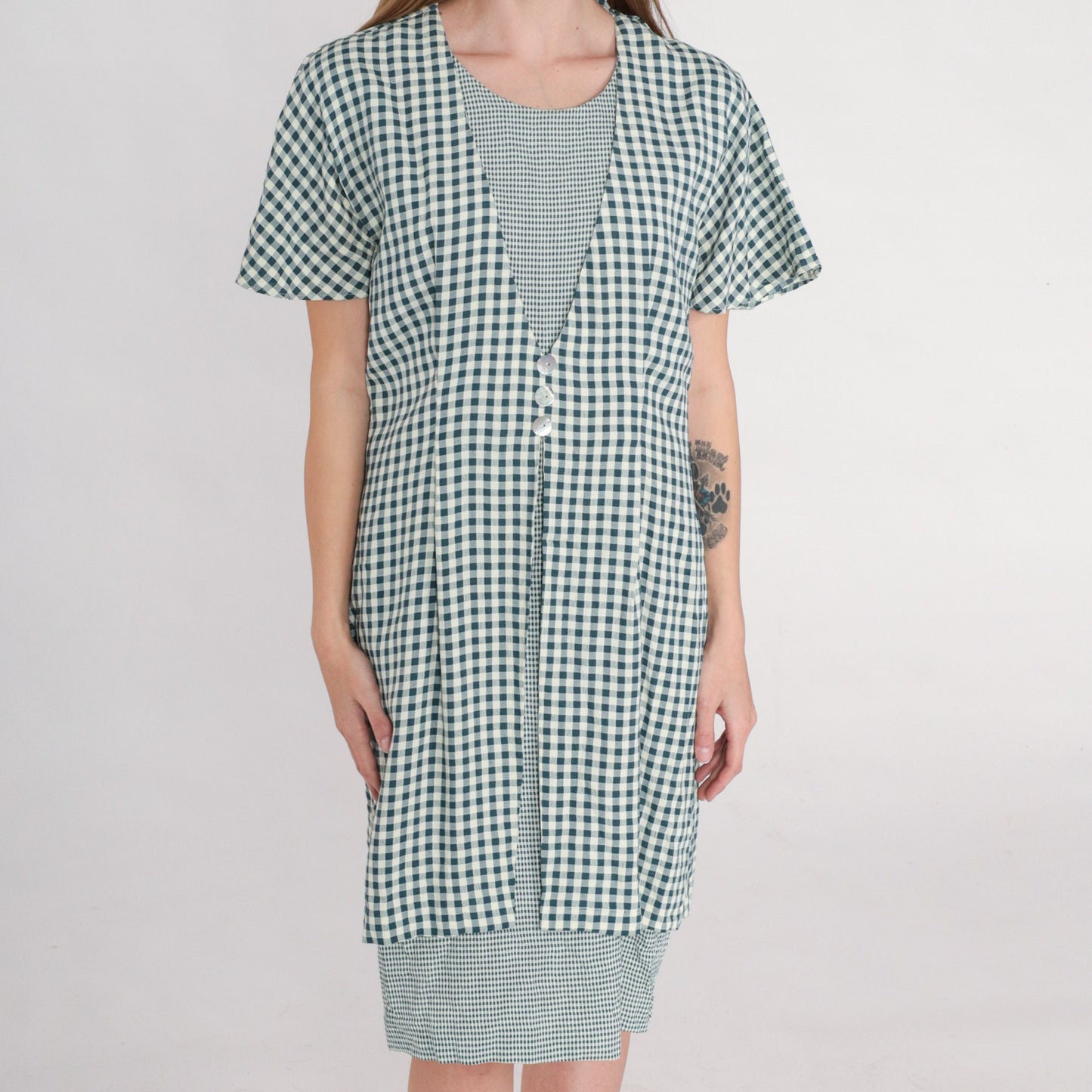 90s Teal White Gingham Mini Shift Dress Button-Up Short Sleeve Medium