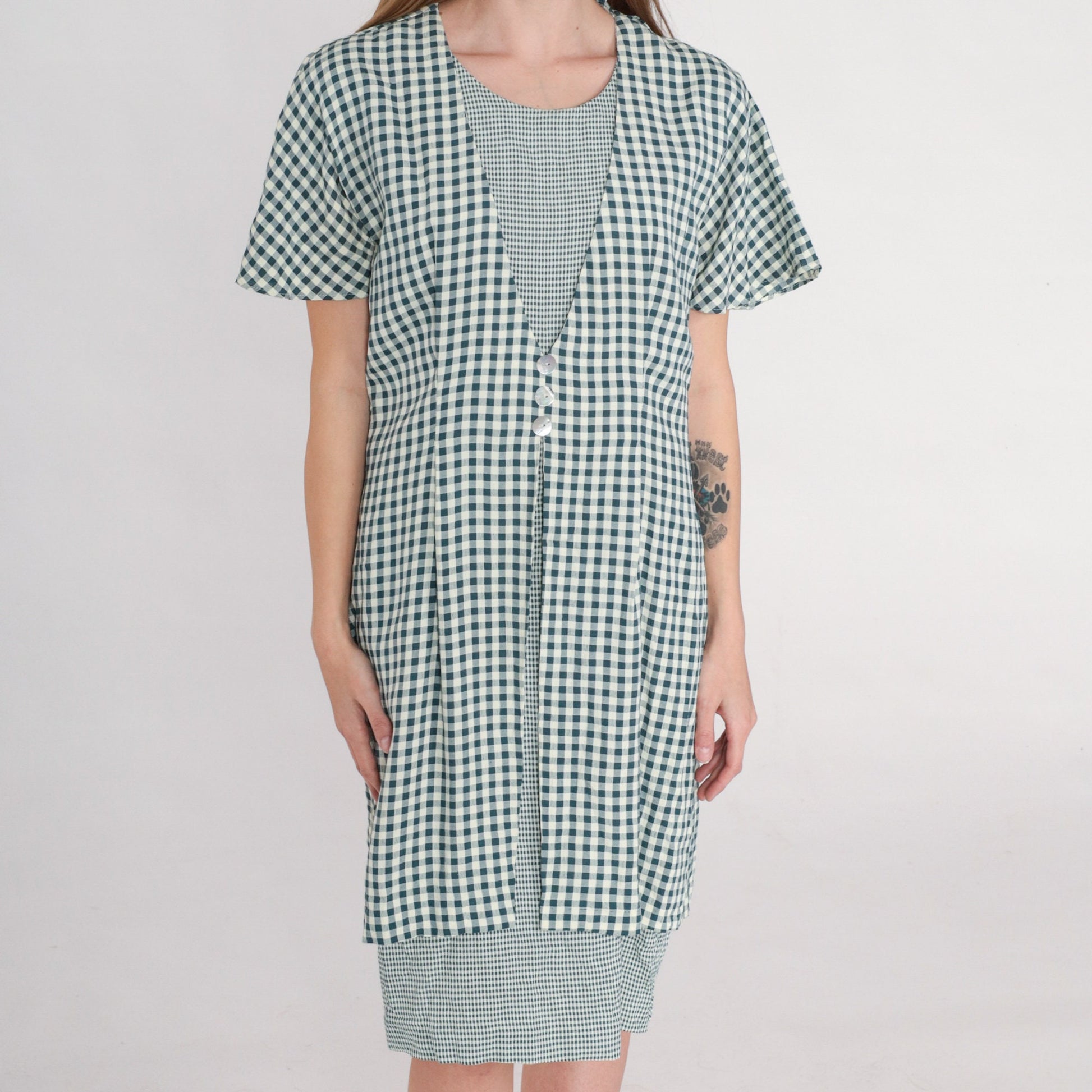90s Teal White Gingham Mini Shift Dress Button-Up Short Sleeve Medium