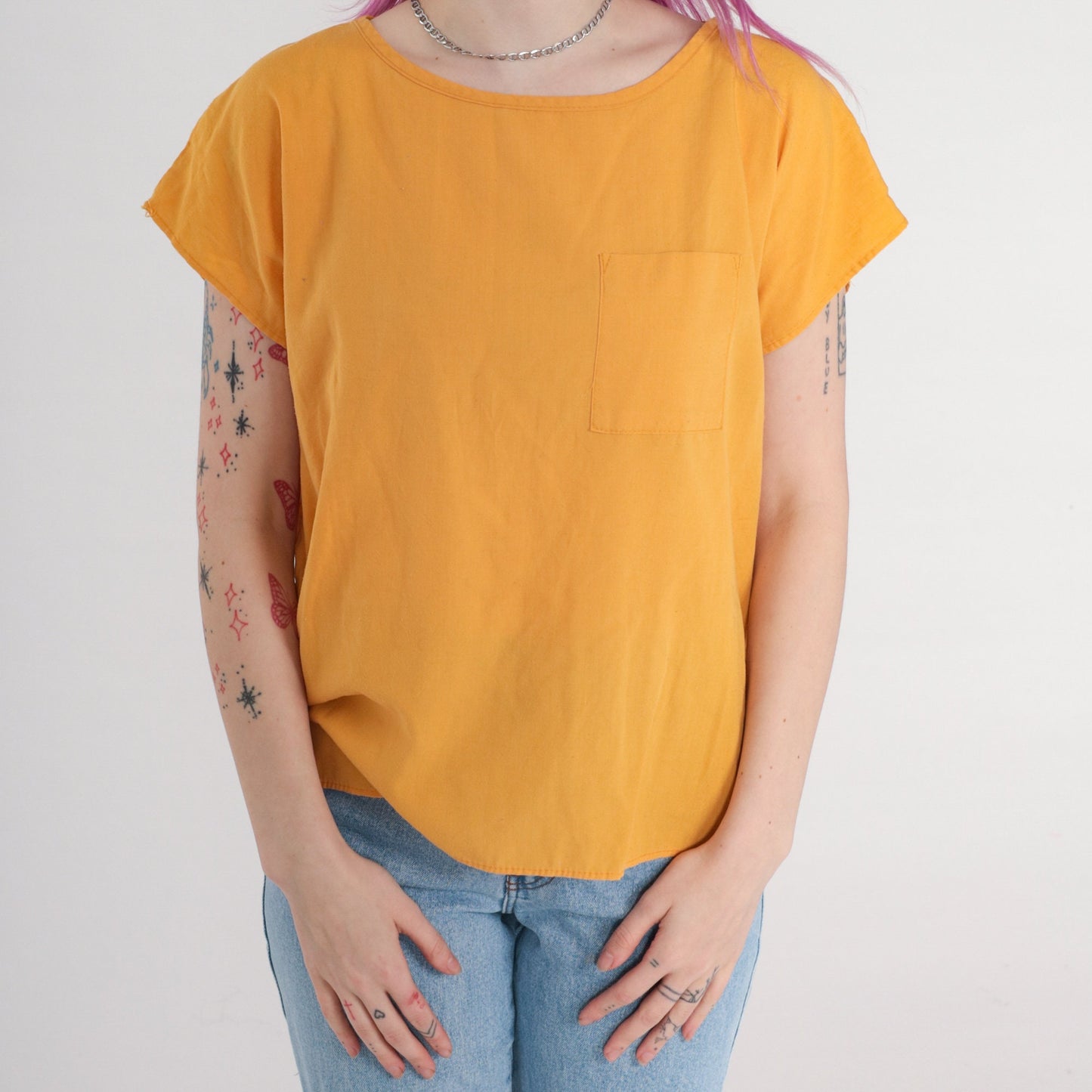 90s Mustard Yellow Cap Sleeve Blouse Pocket Top Medium