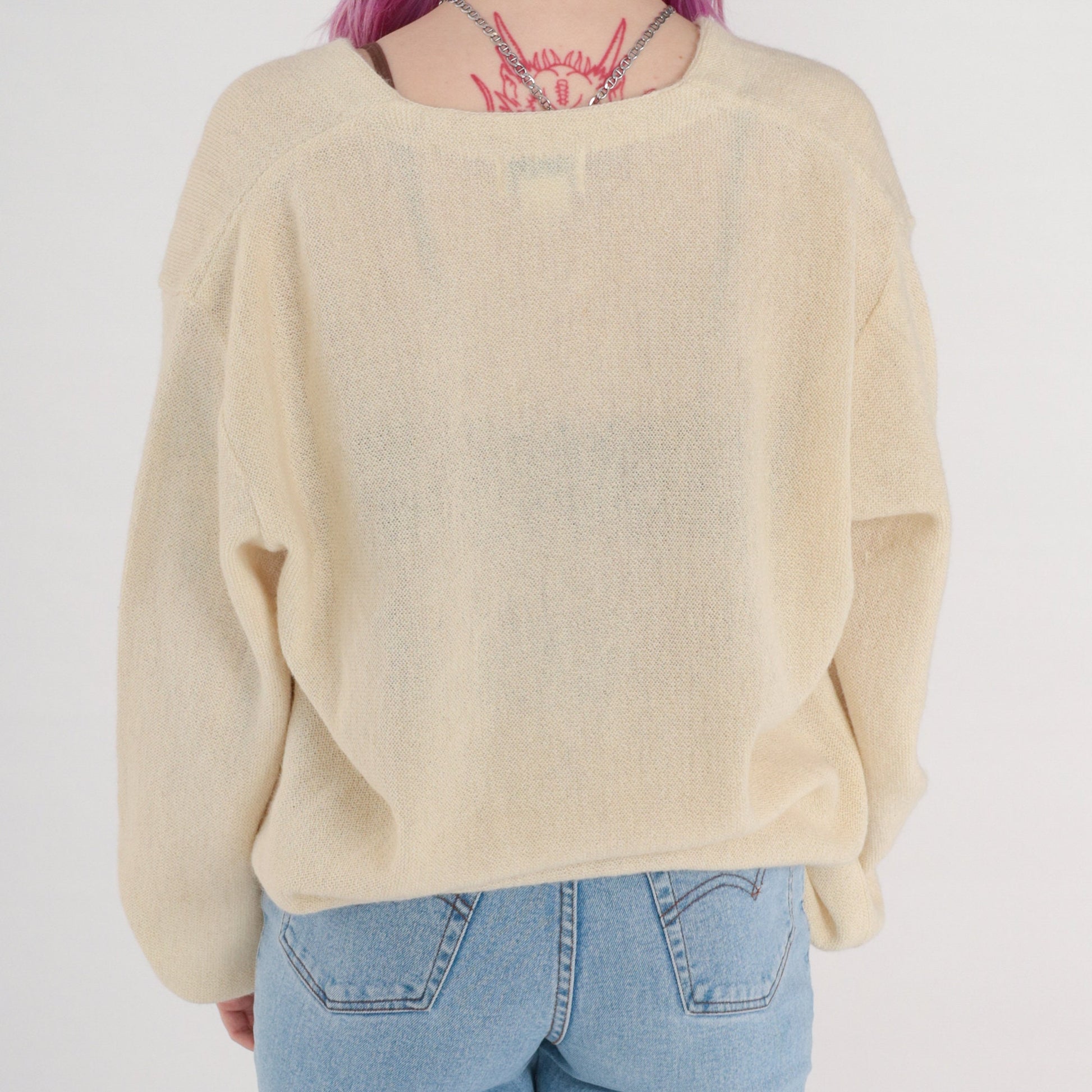 80s Alpaca Wool Cardigan Cream Button-Up Knit Sweater Men's Large L