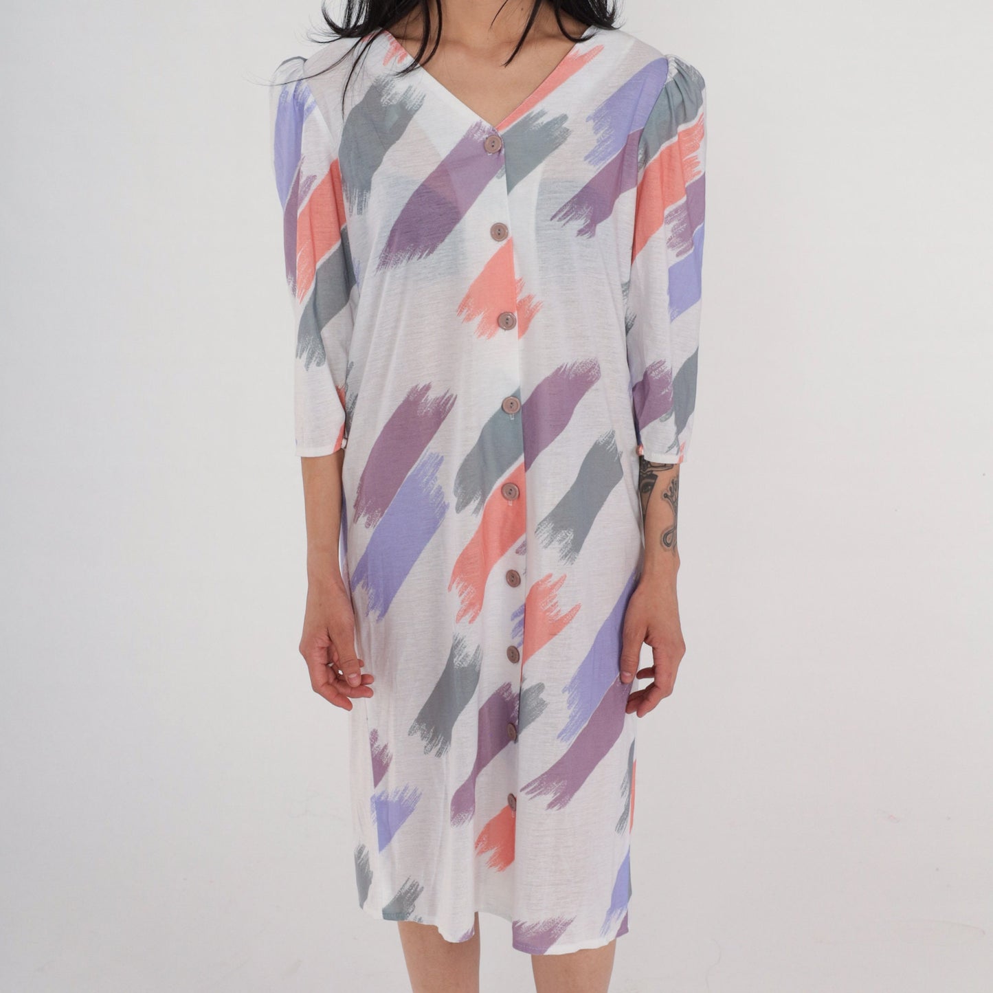 80s Brushstroke Print Shirt Dress Puff Sleeve Button-Up Knee-Length White Small S
