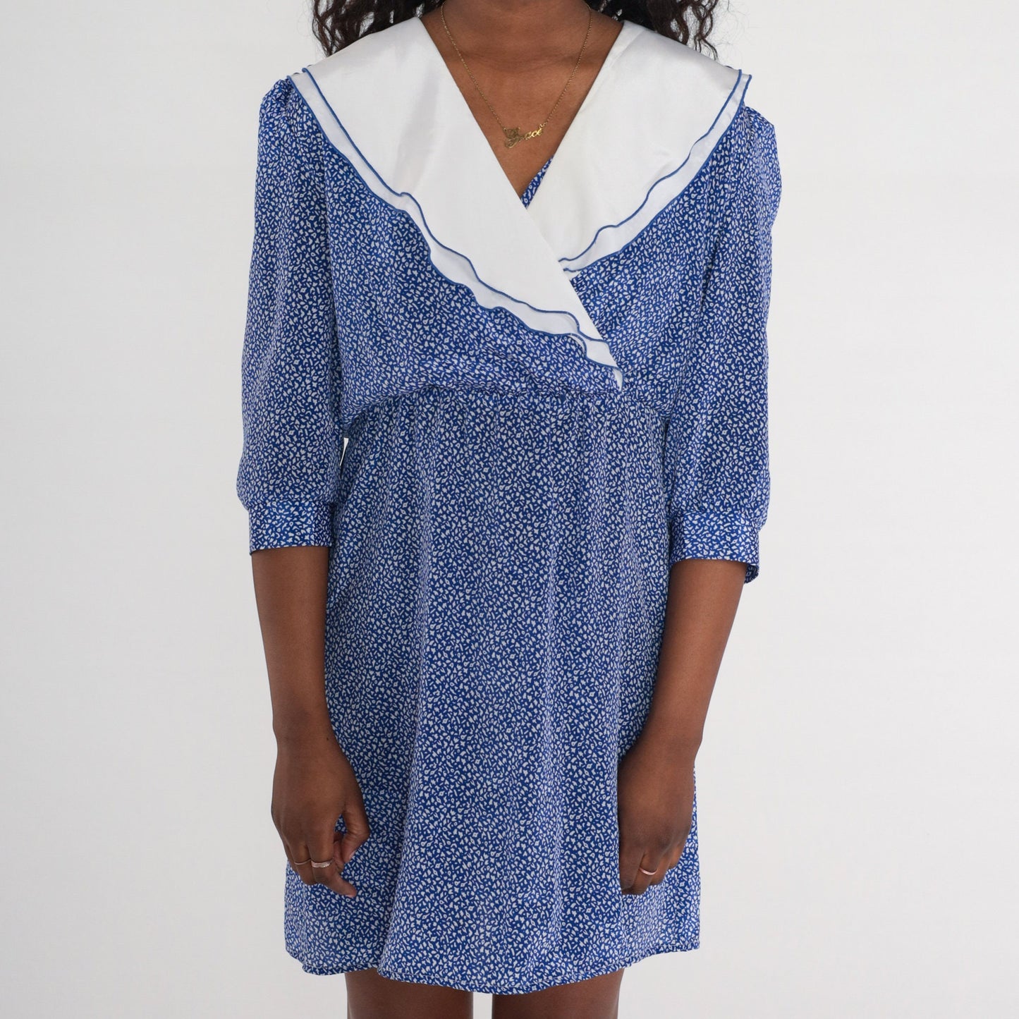 80s Blue Ditsy Print Wrap Dress Puff Sleeve High Waisted Mini Medium