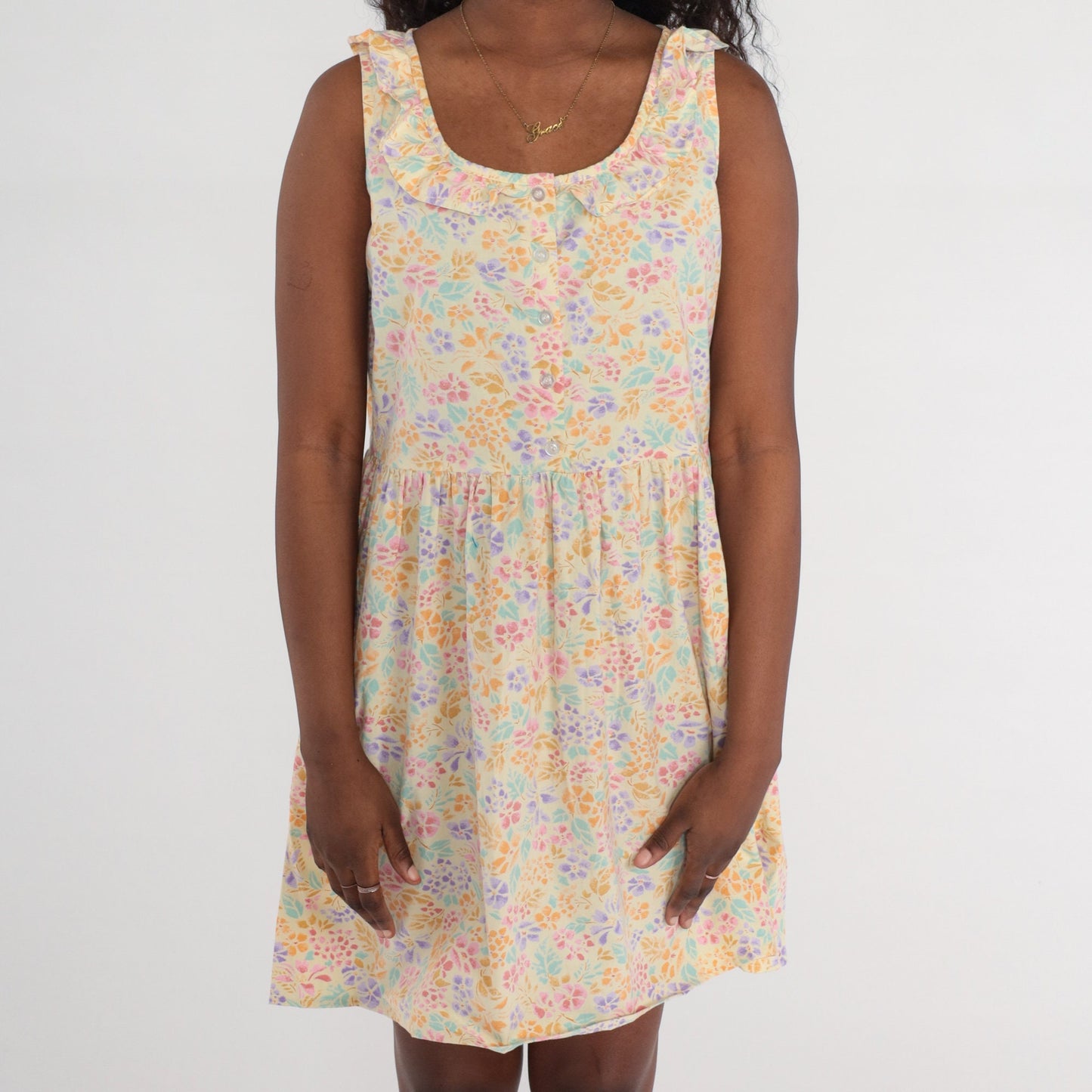 90s Pastel Floral Mini Dress High Waist Button Up Sleeveless Large L