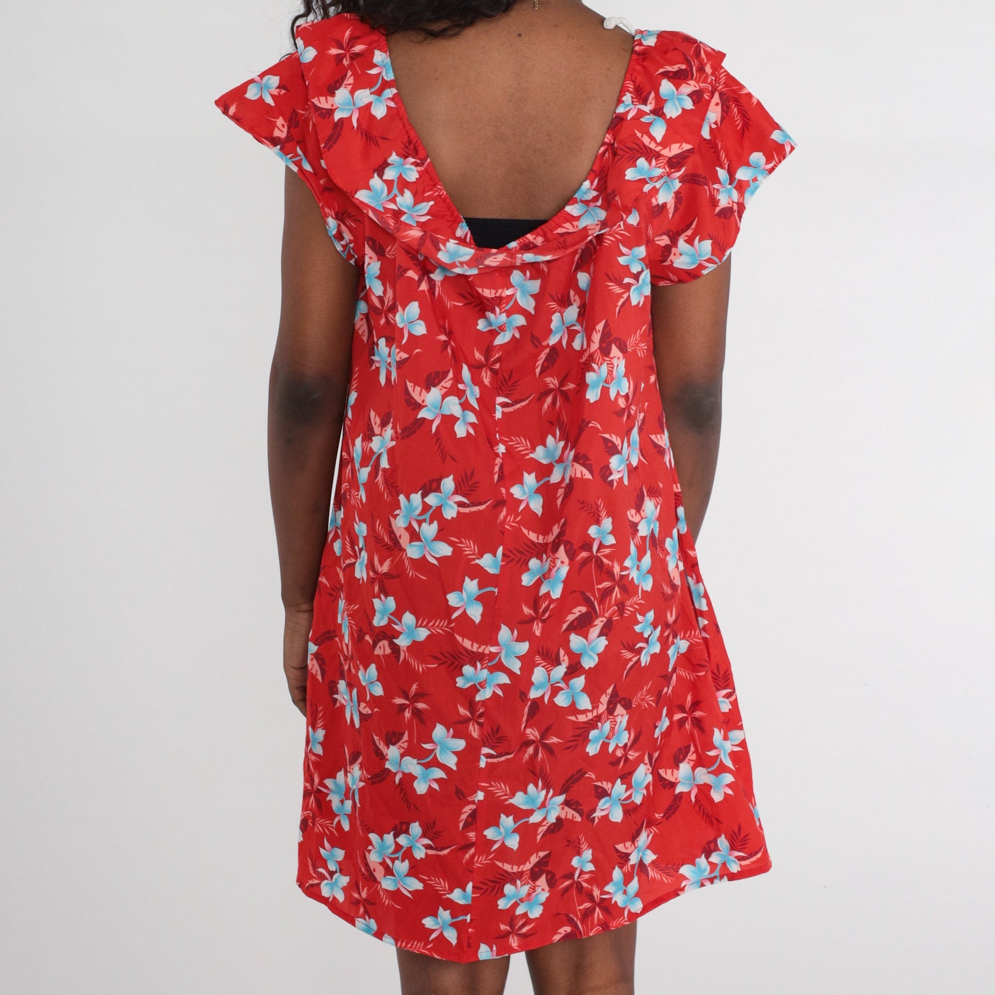 80s Hawaiian Floral Mini Dress Red Shift Short Sleeve Large