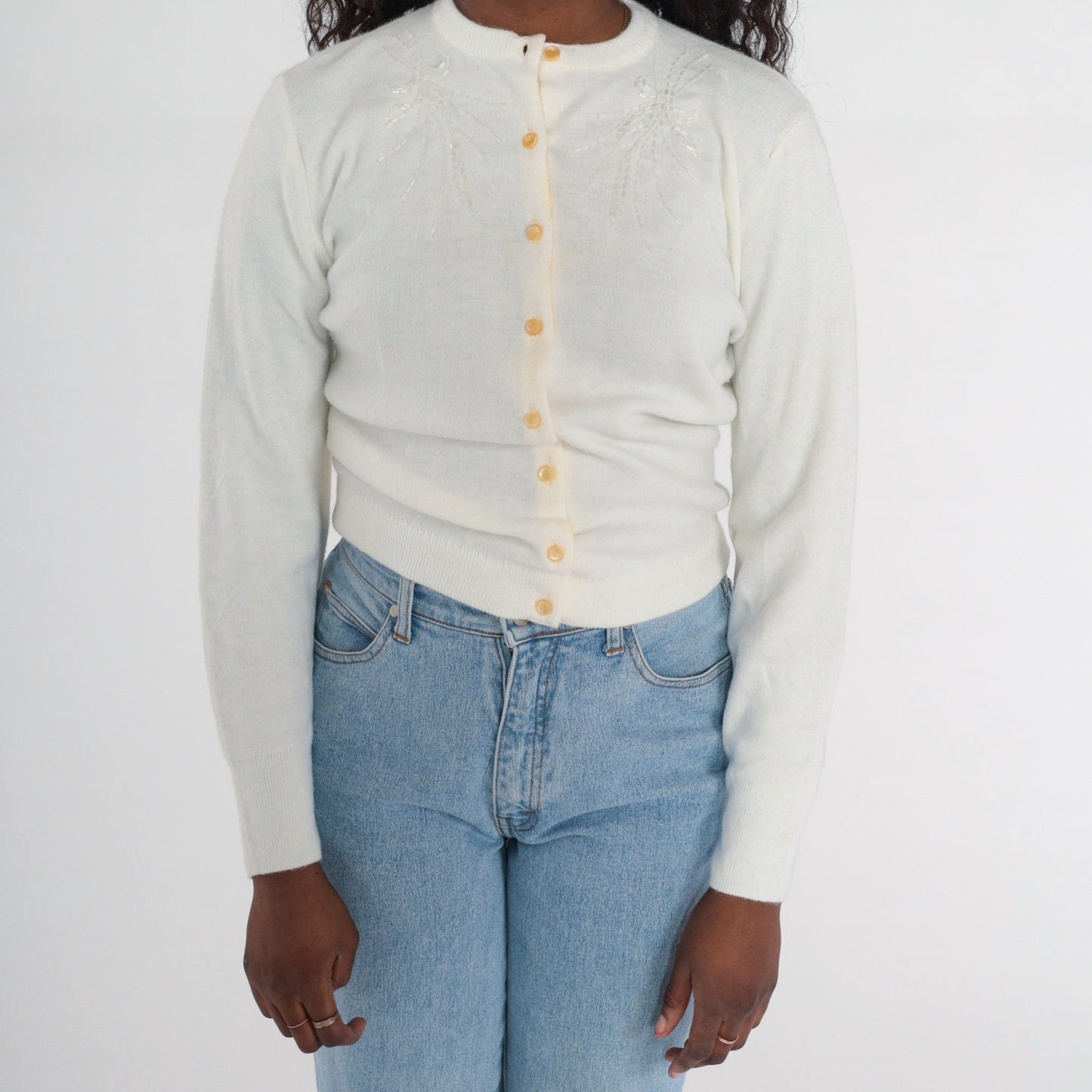 1960s Beaded Cardigan White Button-Up Knit Sweater Small