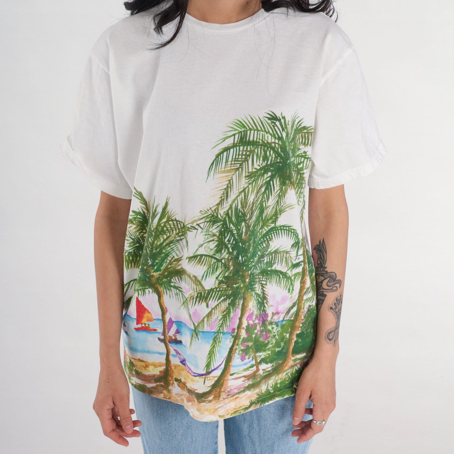 90s Beach Graphic T-Shirt Palm Tree Hammock Island White Cotton Medium