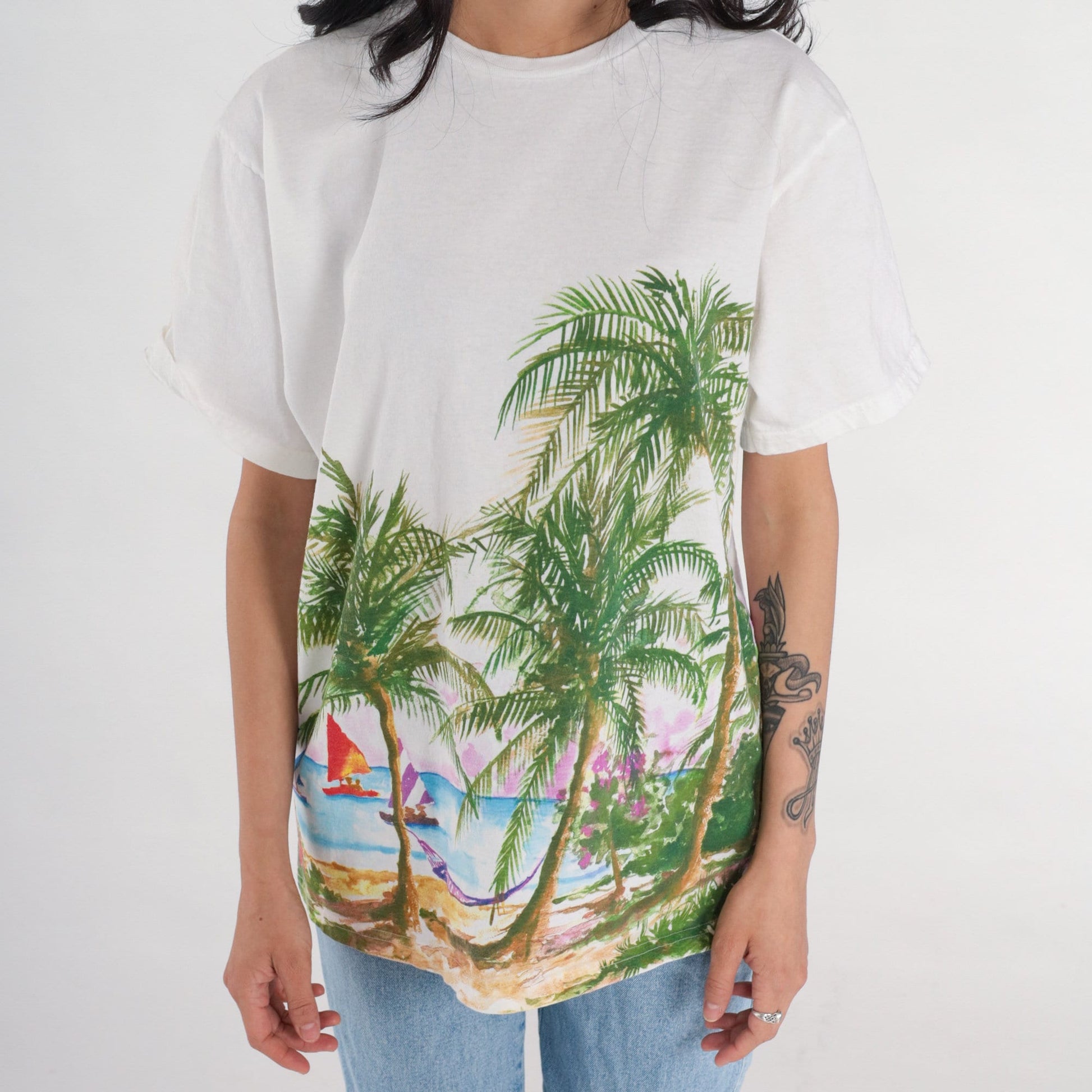 90s Beach Graphic T-Shirt Palm Tree Hammock Island White Cotton Medium