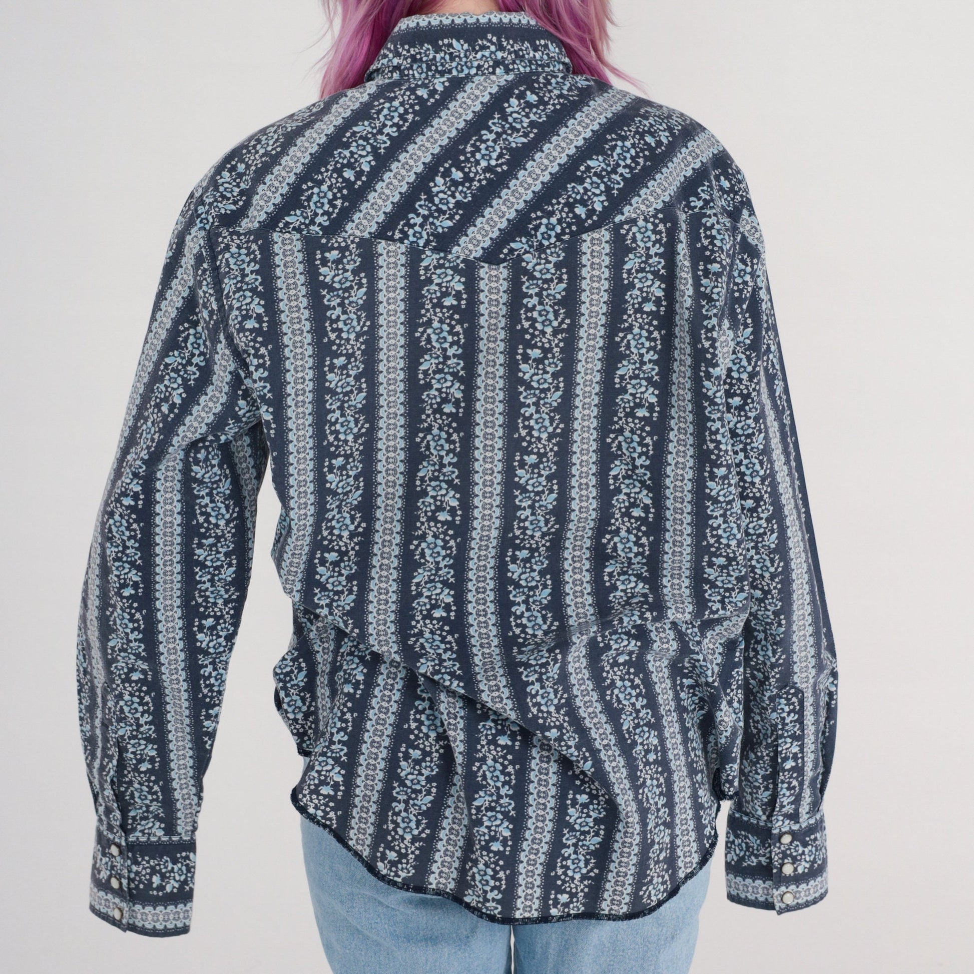 00s Western Pearl Snap Shirt Dark Blue Floral Striped Long Sleeve Men's Large