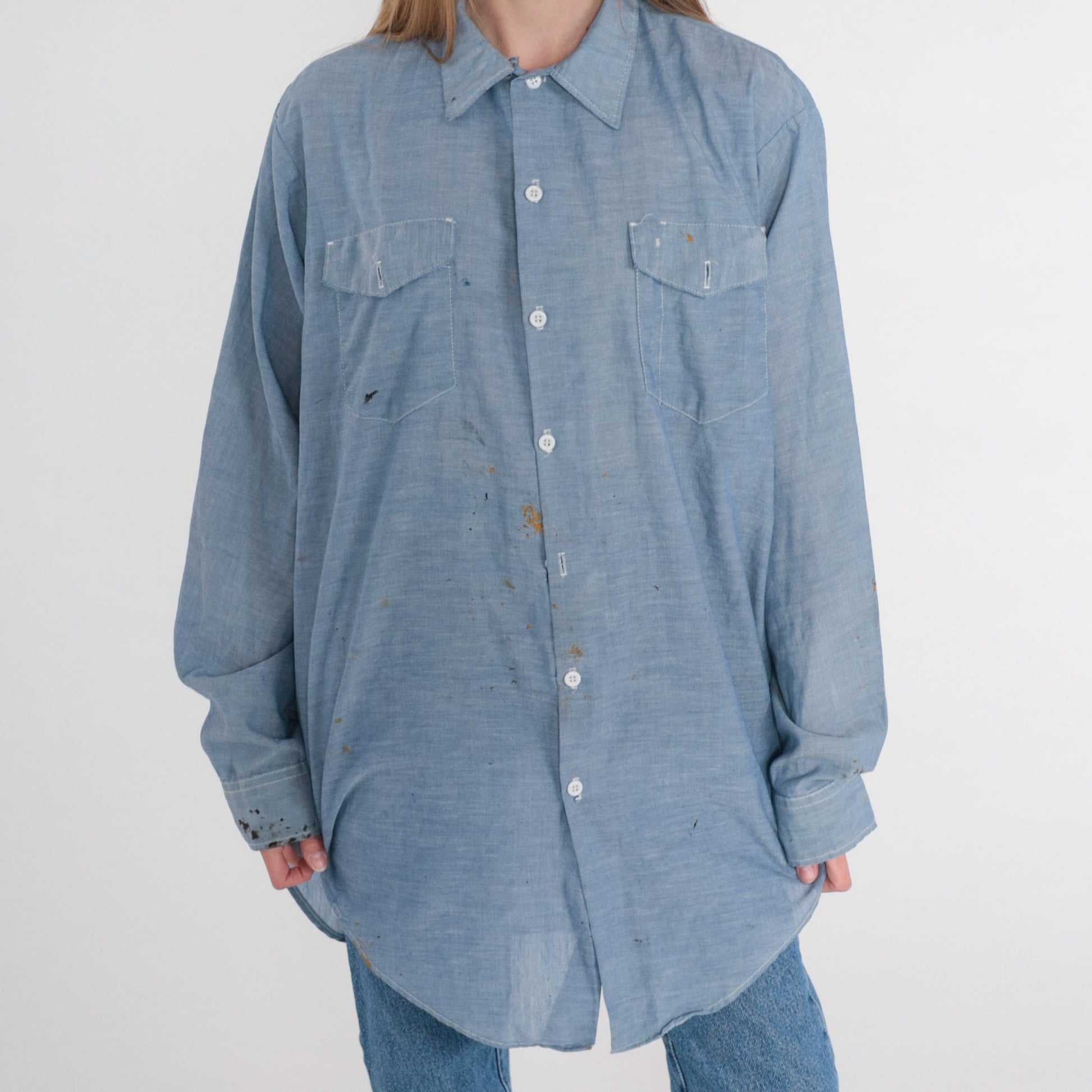 80s Key Imperial Chambray Button-Up Shirt Blue Paint Splatter Distressed XL
