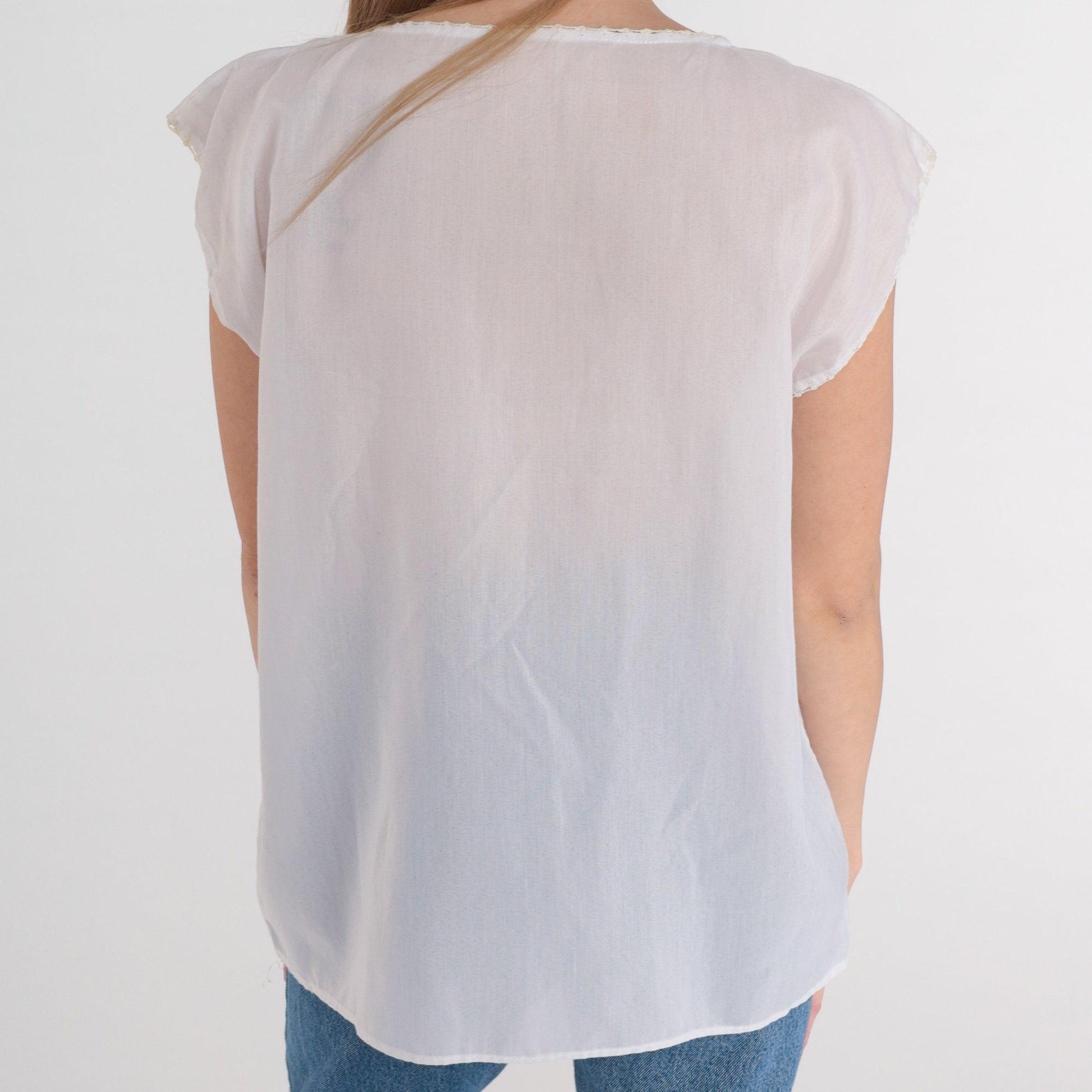90s White Embroidered Cutwork Blouse Glittery Bird Floral Cap Sleeve Small S