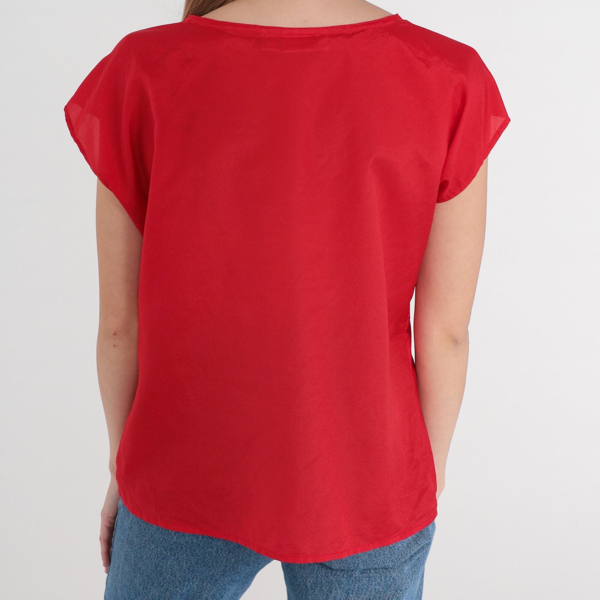 90s Red Cap Sleeve Blouse Plain Vintage Shirt Medium