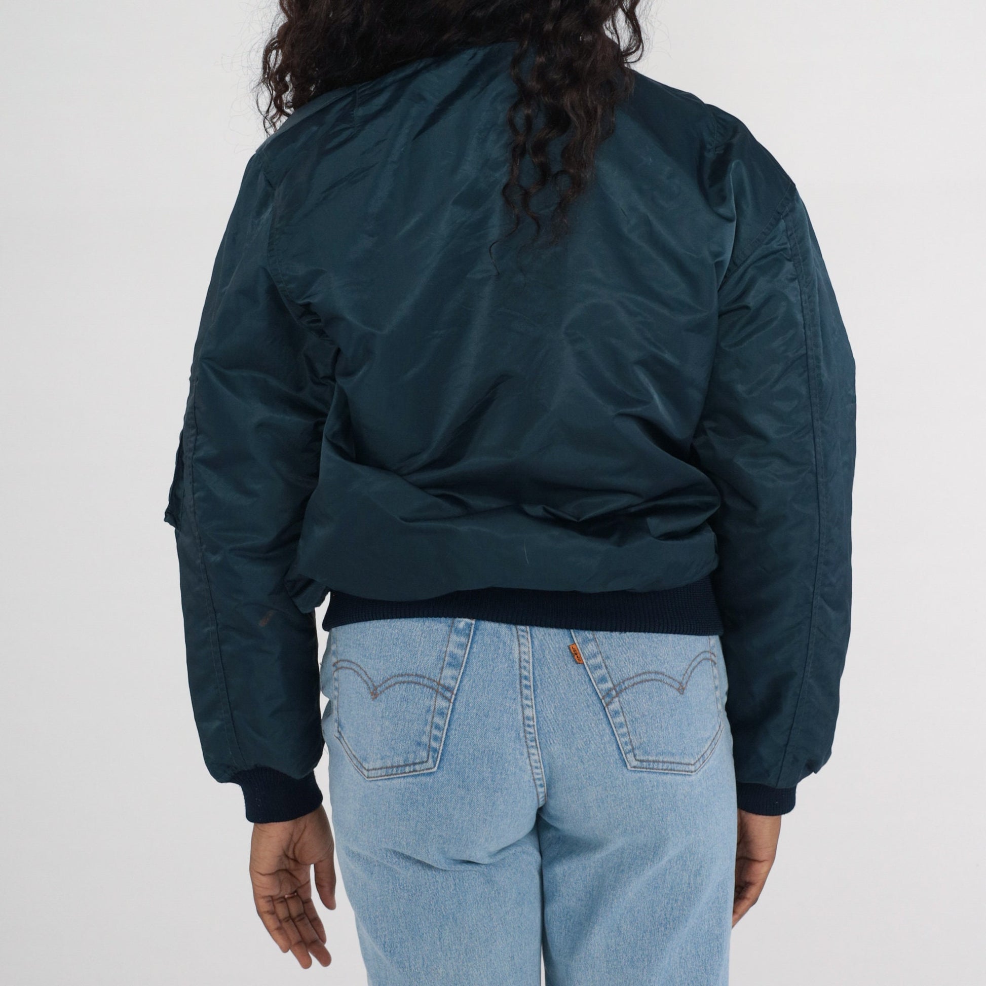 80s Navy Bomber Jacket Nylon Zip Windbreaker Knit Trim Men's Medium