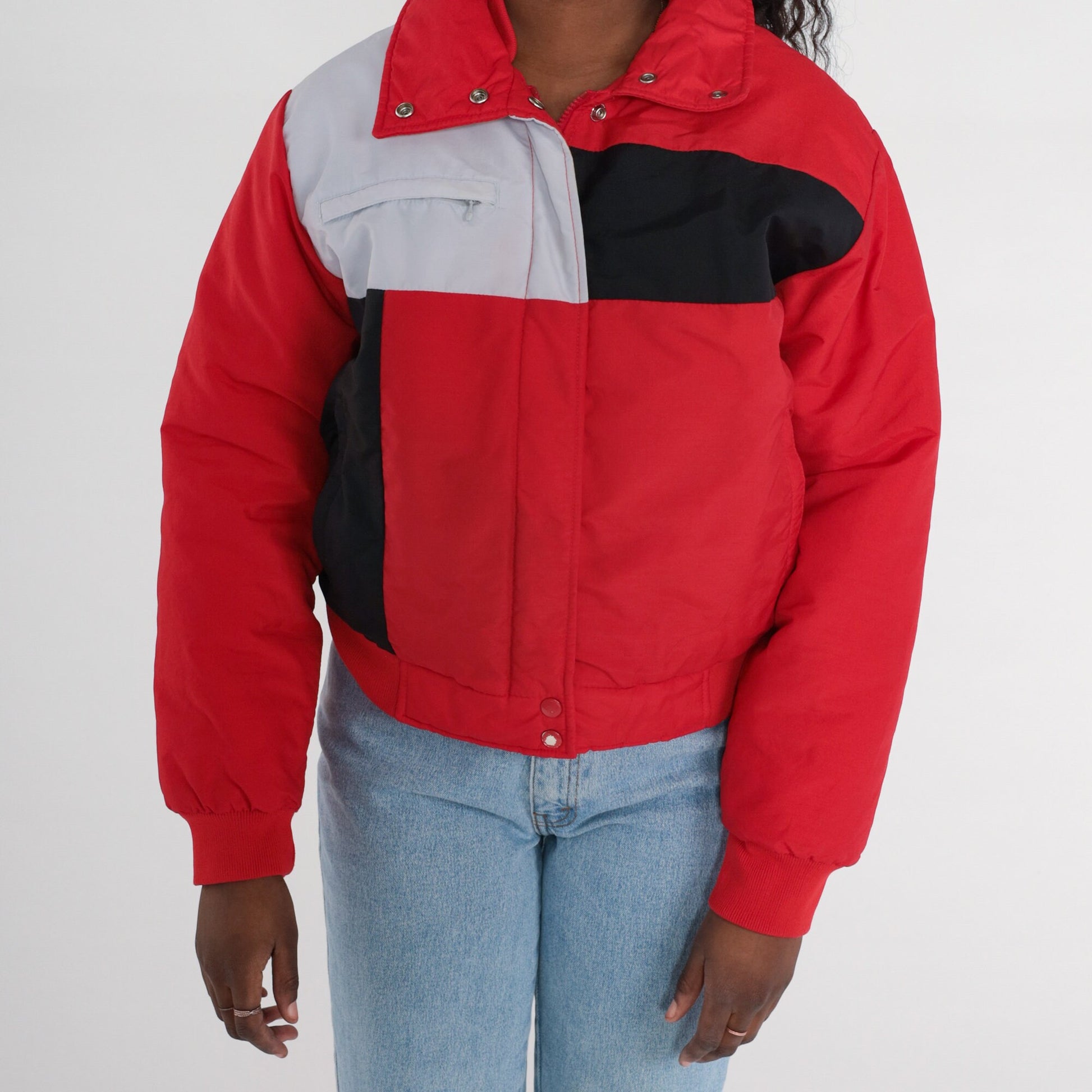 80s Trail Master Color Block Puffer Ski Jacket Red Grey Black Medium