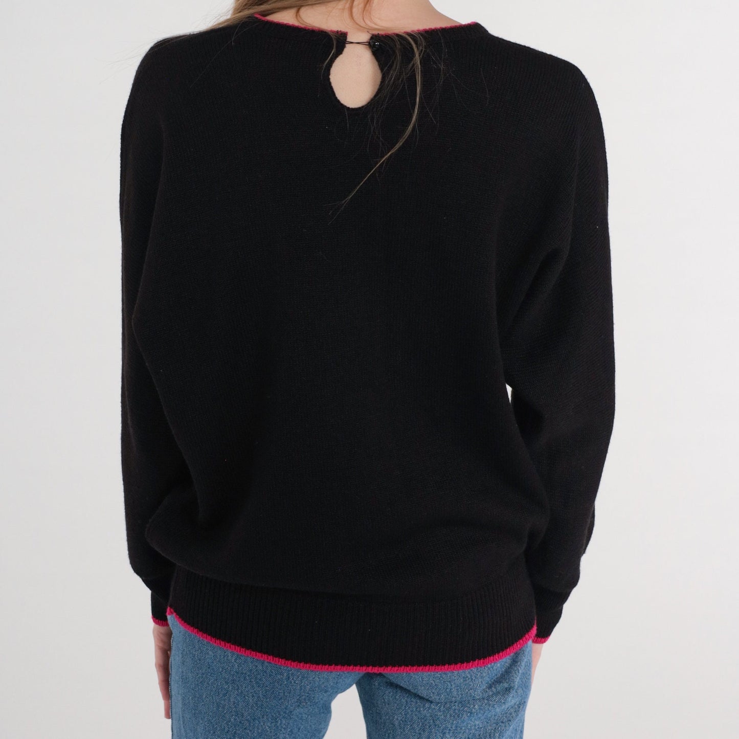 80s Black Knit Sweater Pink Purple Embroidered Floral Pullover Medium M
