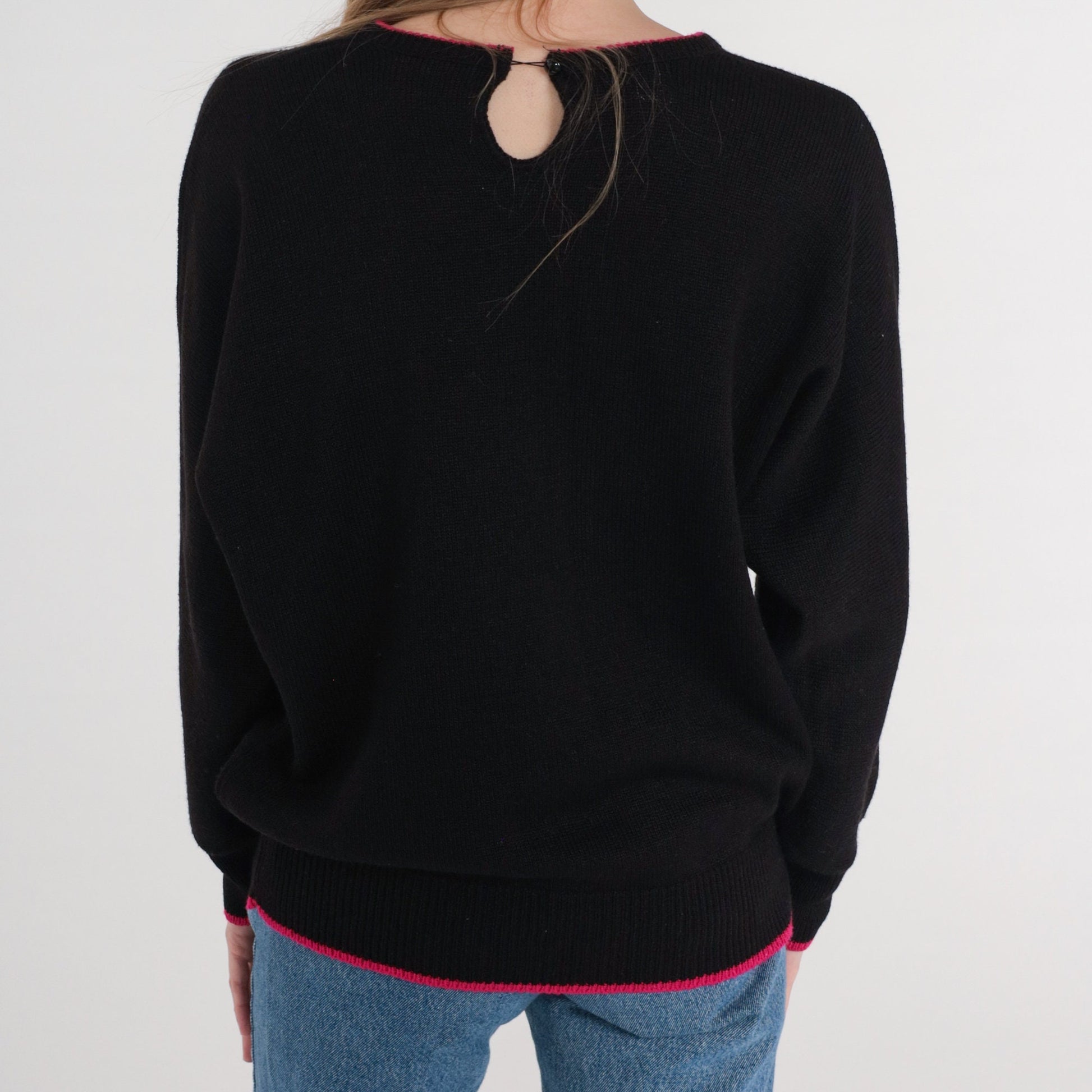 80s Black Knit Sweater Pink Purple Embroidered Floral Pullover Medium M