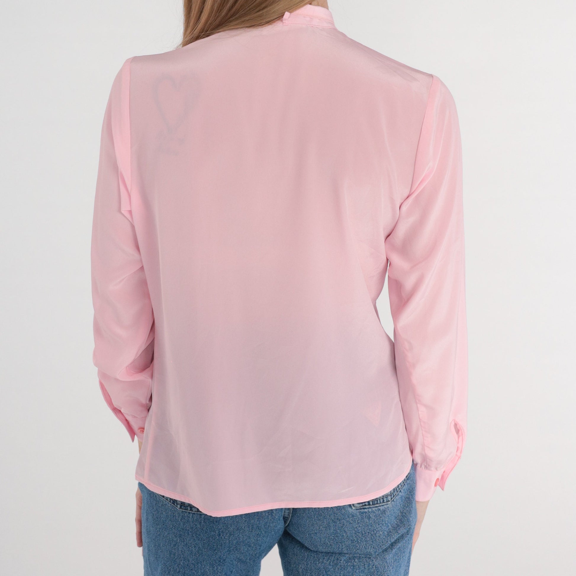 80s Pink Semi-Sheer Button-Up Blouse High Neck Long Sleeve Small