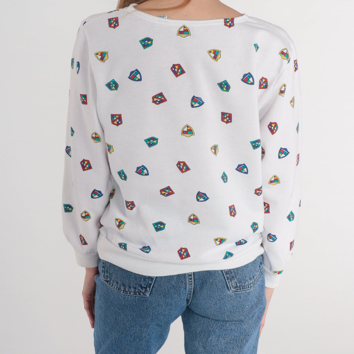 80s Crest Print Henley Sweatshirt White Snap Pullover Medium
