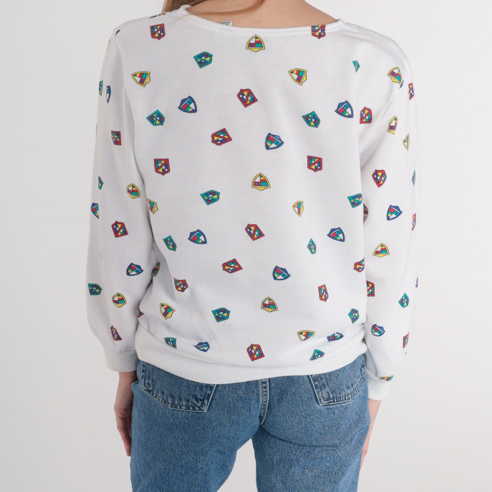 80s Crest Print Henley Sweatshirt White Snap Pullover Medium