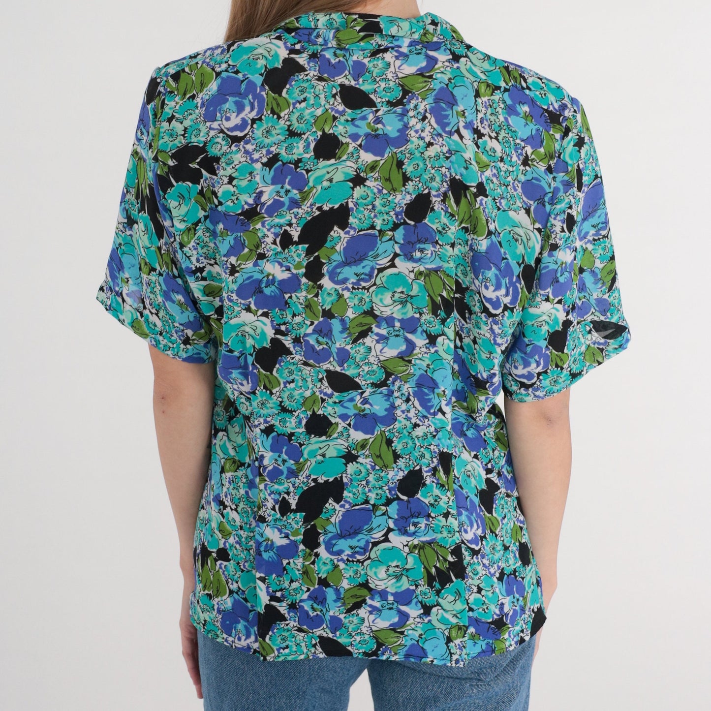 90s Blue Floral Button-Up Blouse Short Sleeve Collared Top Medium