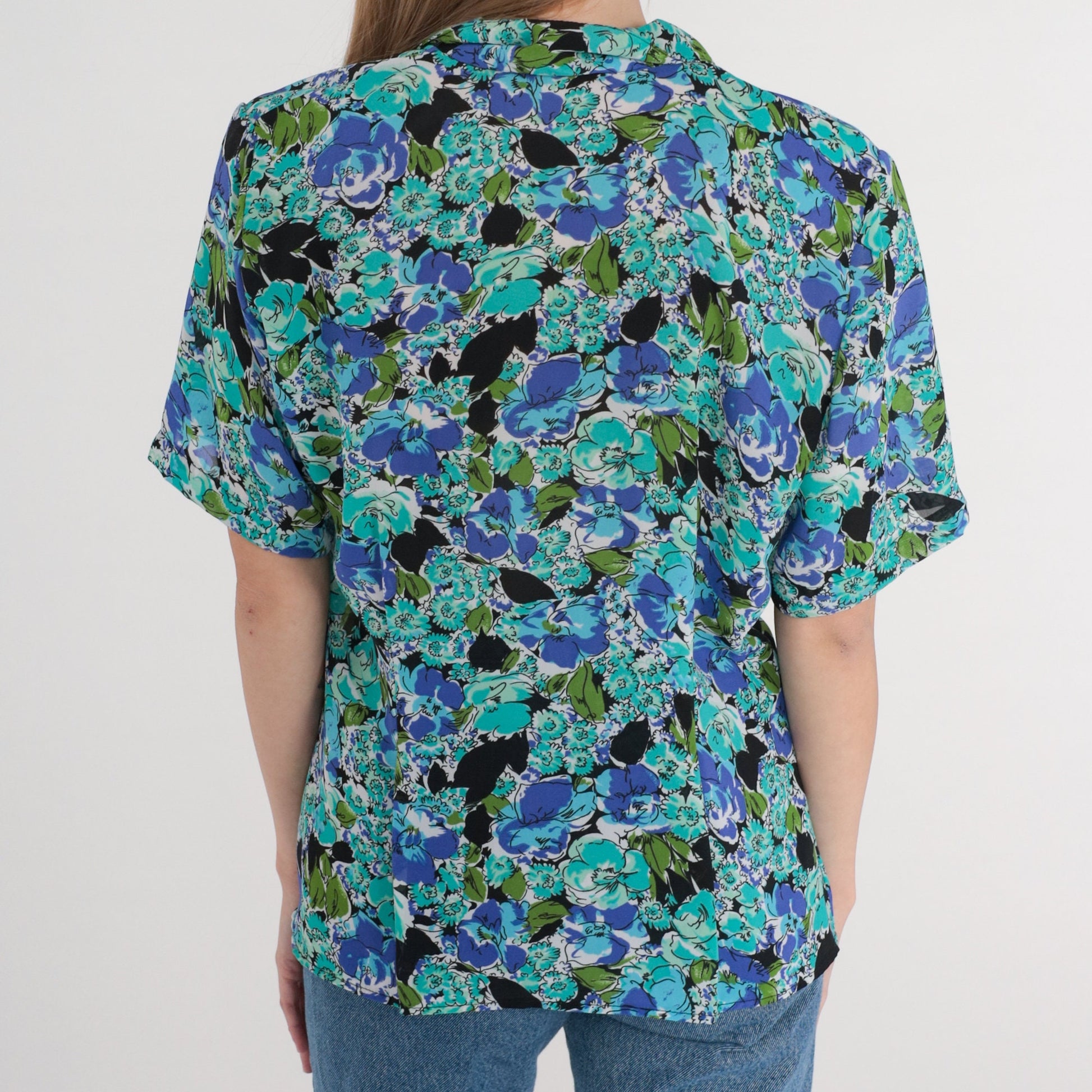 90s Blue Floral Button-Up Blouse Short Sleeve Collared Top Medium