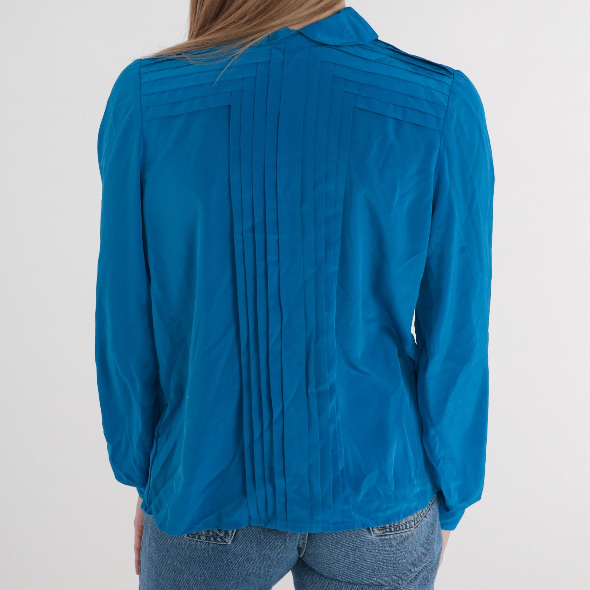 80s Blue Button-Up Blouse Peter Pan Collar Puff Sleeve Medium 8