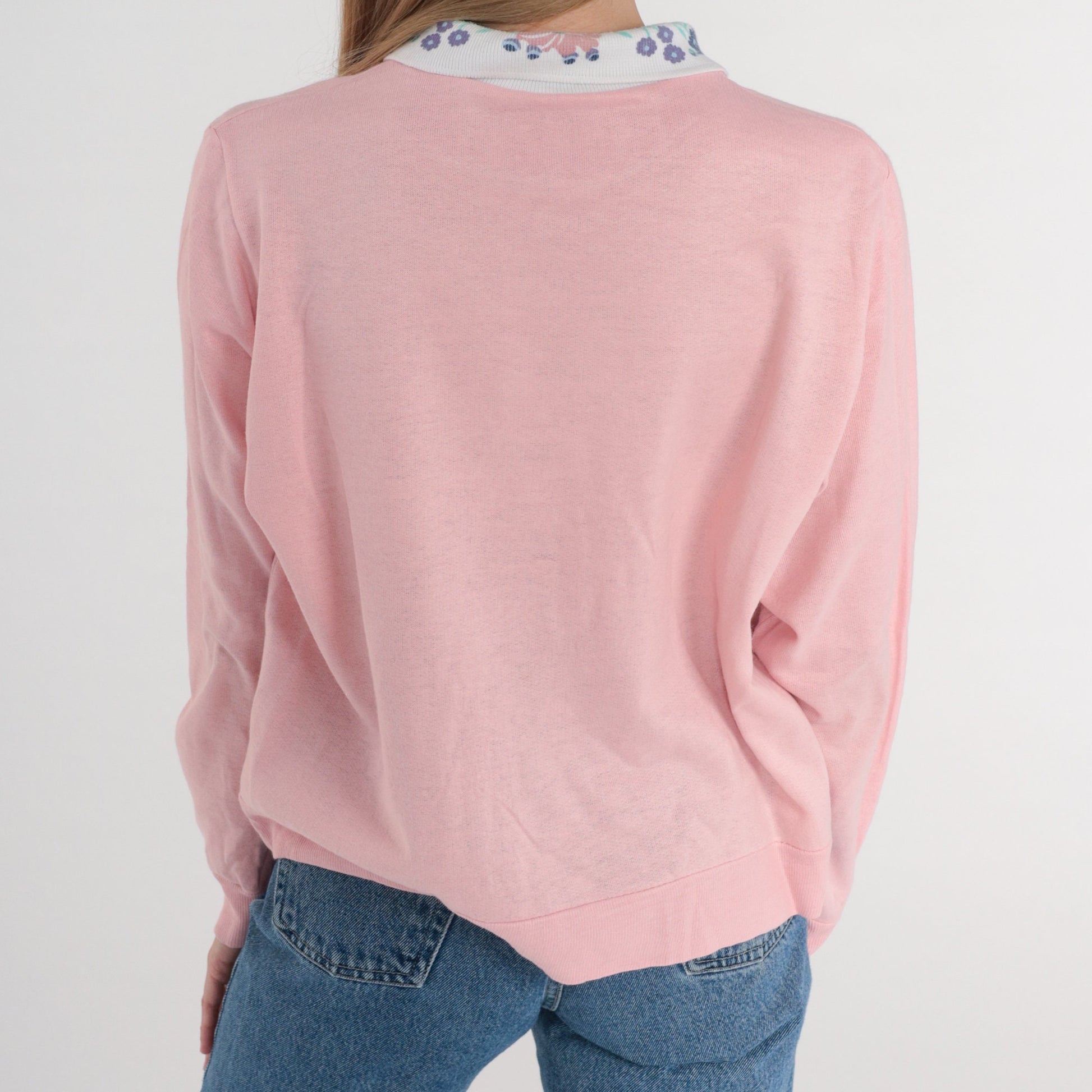 80s Pink Floral Collared Sweatshirt Flower Print Crewneck Small S