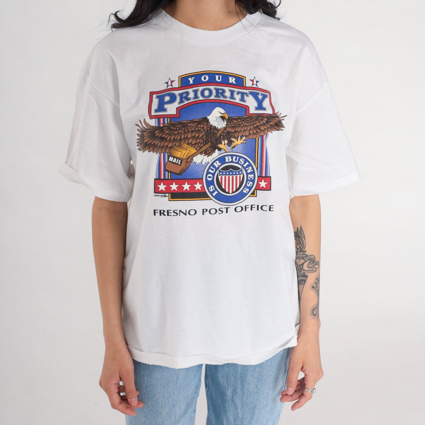 Y2K Fresno Post Office USPS Eagle Graphic Tee White Cotton Large L
