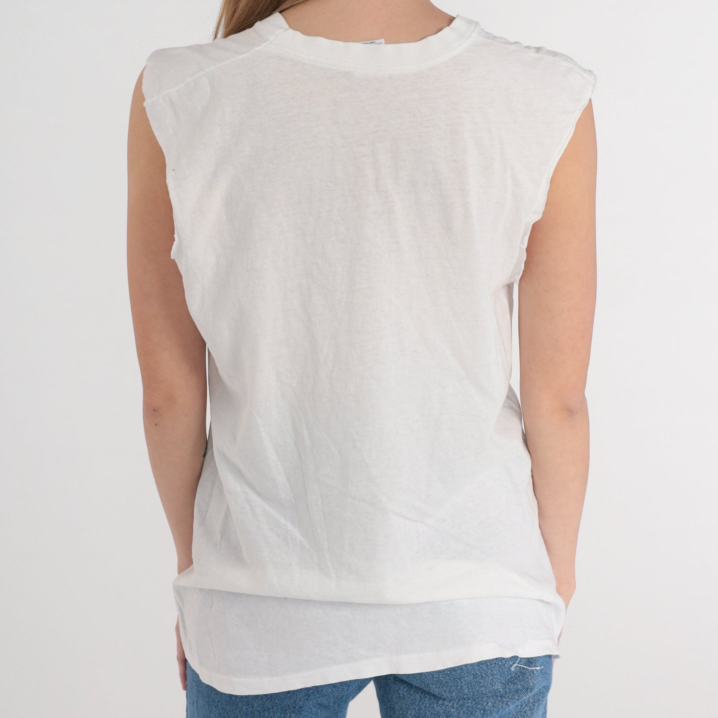 80s Hanes White V-Neck T-Shirt Single Stitch Cutoff Sleeves Medium