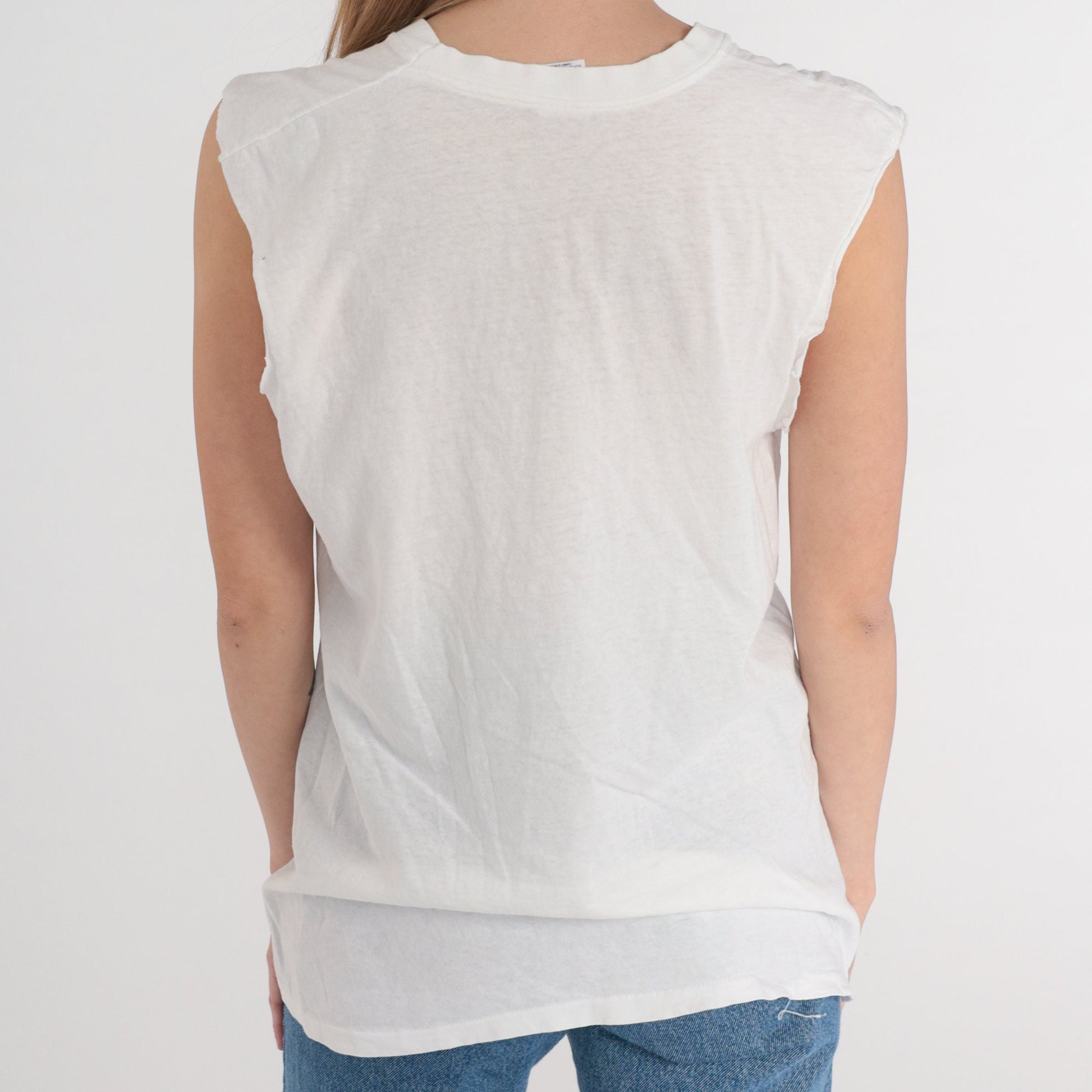 80s Hanes White V-Neck T-Shirt Single Stitch Cutoff Sleeves Medium
