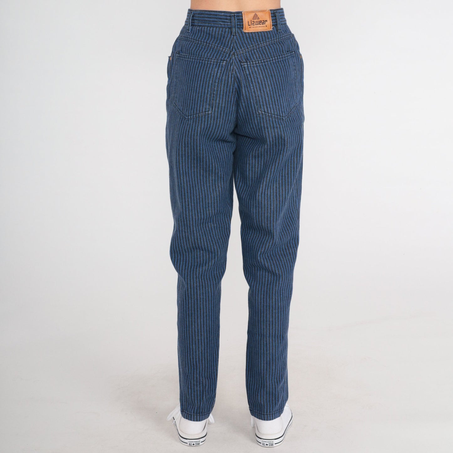 80s Liz Claiborne Striped High-Waist Tapered Jeans Black Blue Small 4